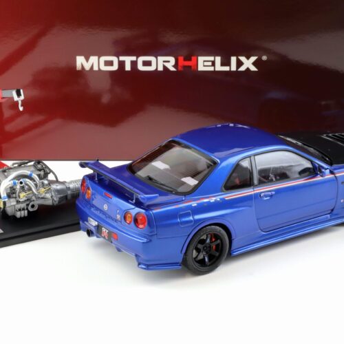 1:18 Motorhelix Nissan Skyline GT-R R34 Nismo CRS Bayside blue/ Carbon hood M83430