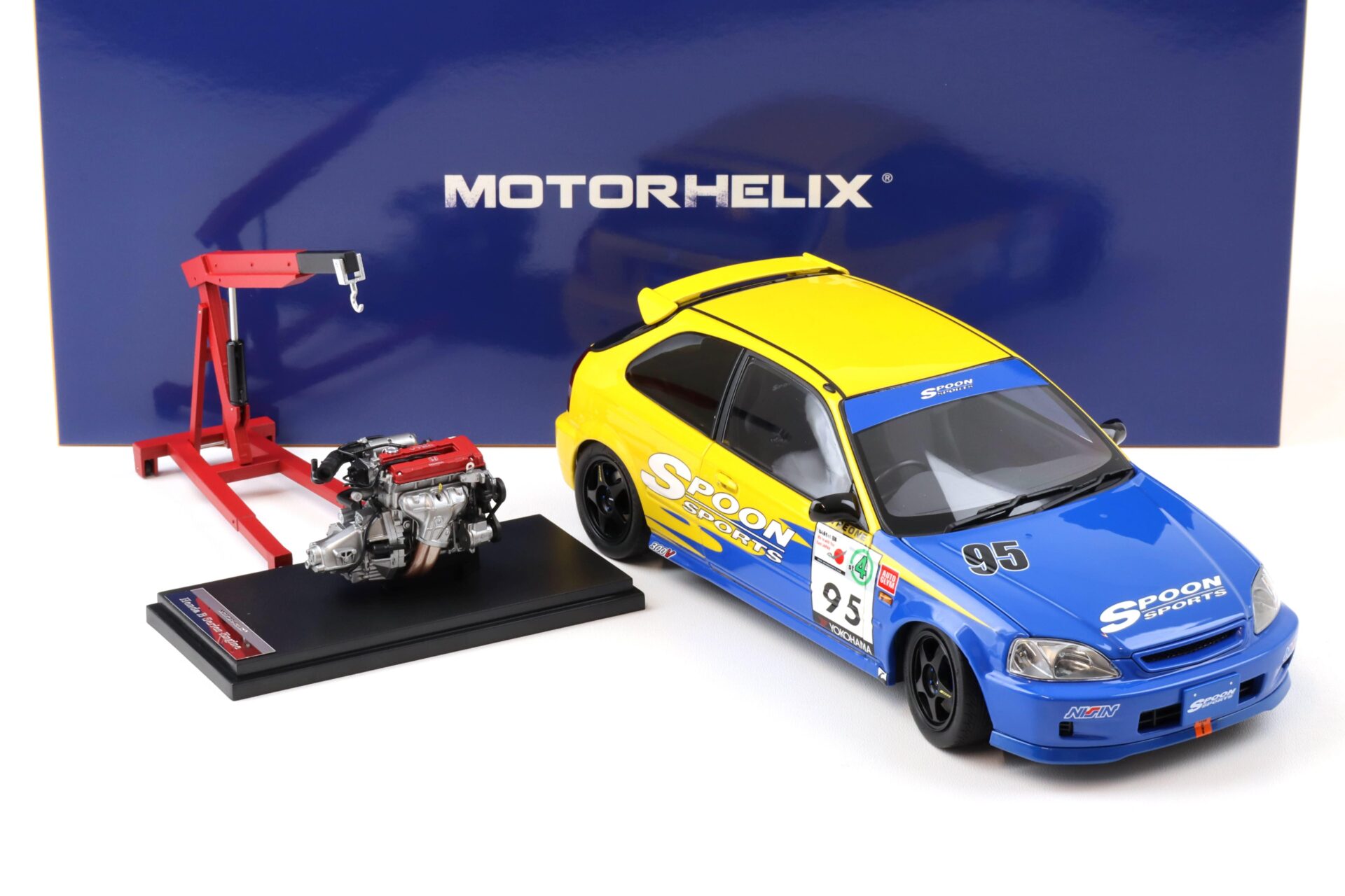 1:18 Motorhelix Honda Civic Type R (EK9) SPOON yellow/ blue livery + engine M85014
