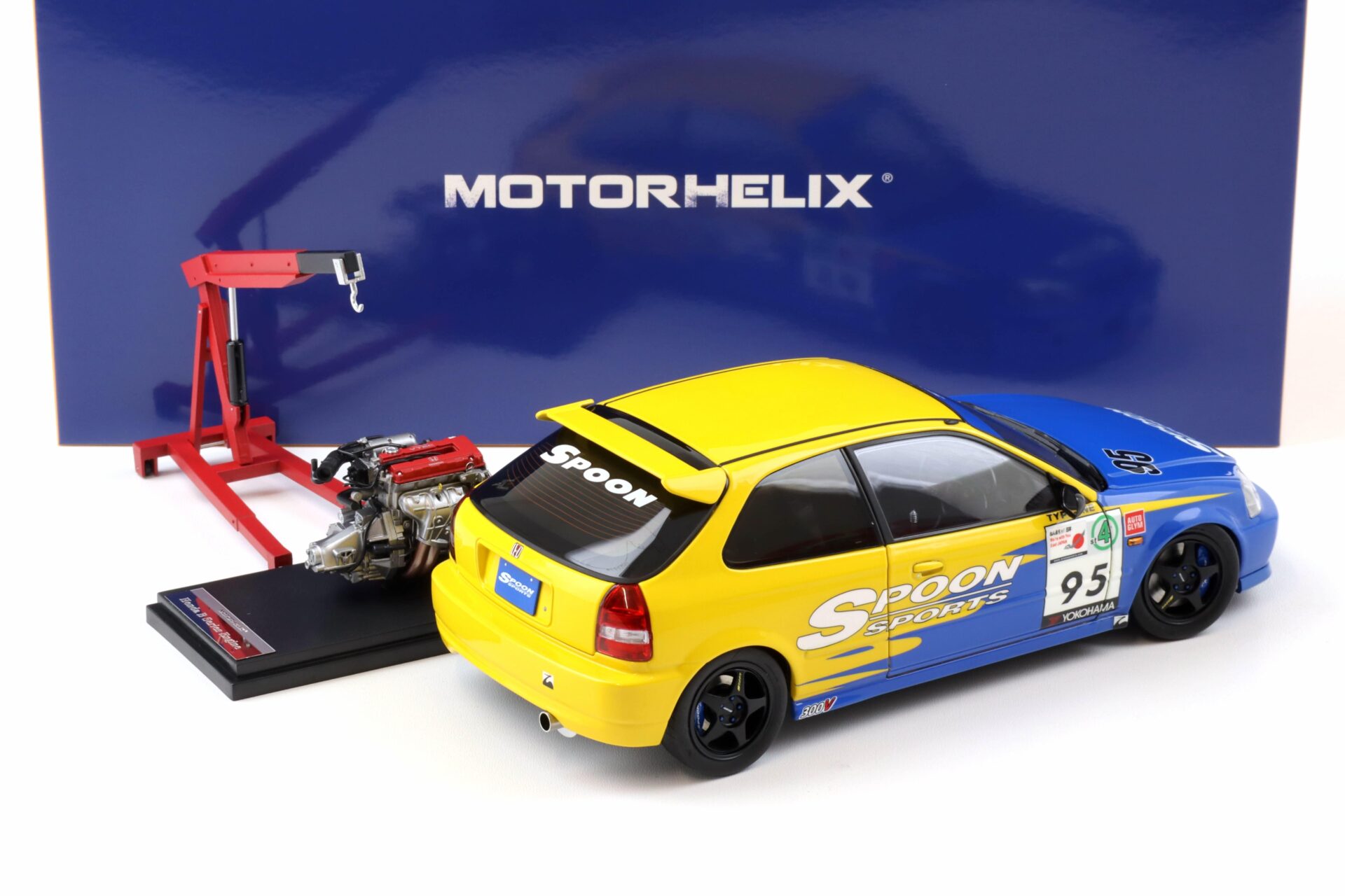 1:18 Motorhelix Honda Civic Type R (EK9) SPOON yellow/ blue livery + engine M85014