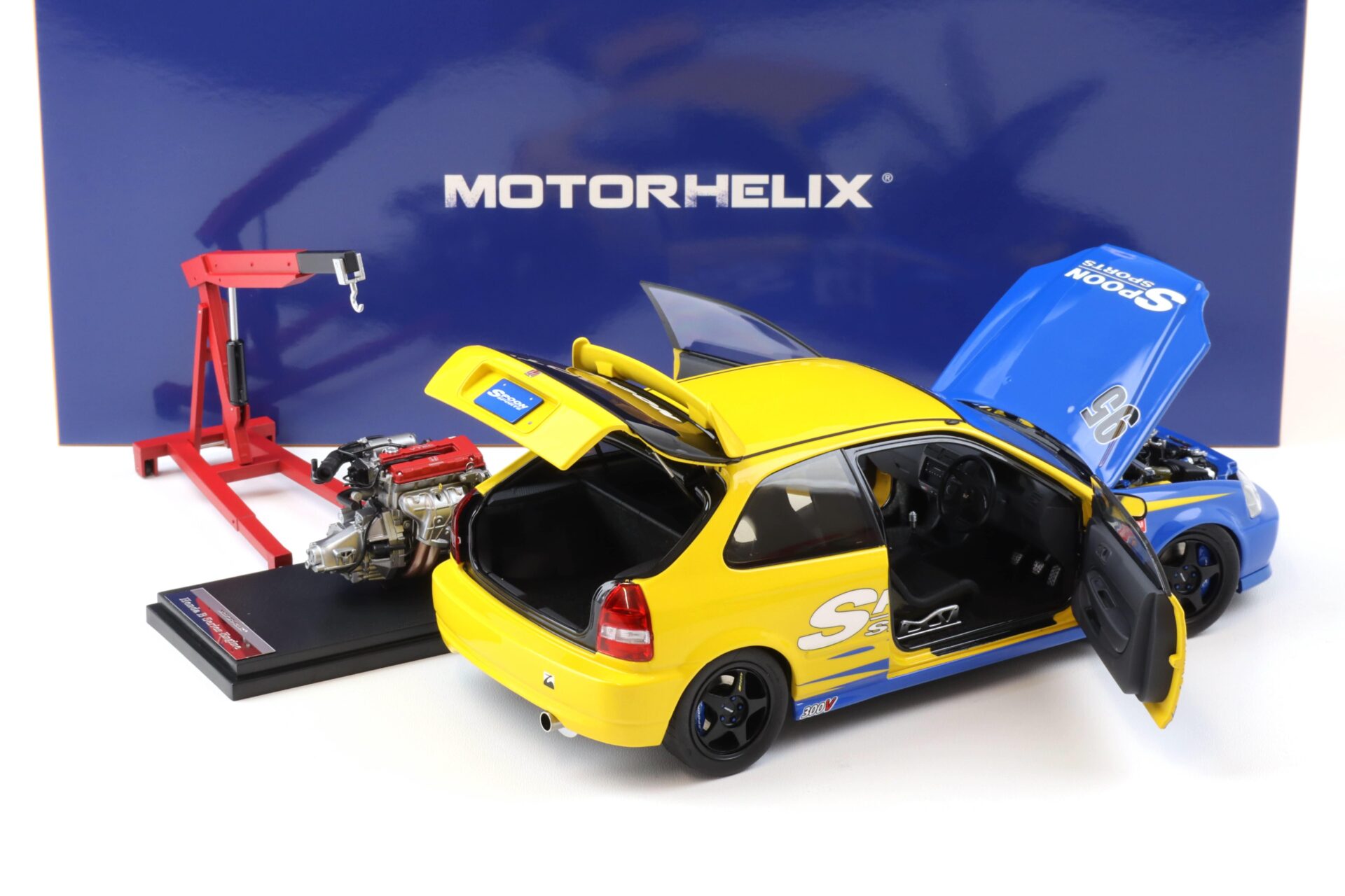 1:18 Motorhelix Honda Civic Type R (EK9) SPOON yellow/ blue livery + engine M85014