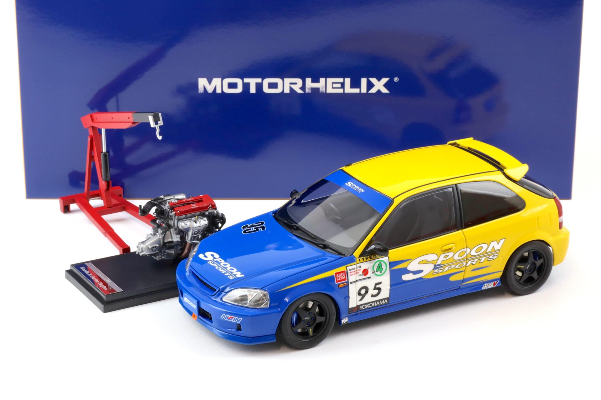 1:18 Motorhelix Honda Civic Type R (EK9) SPOON yellow/ blue livery + engine M85014