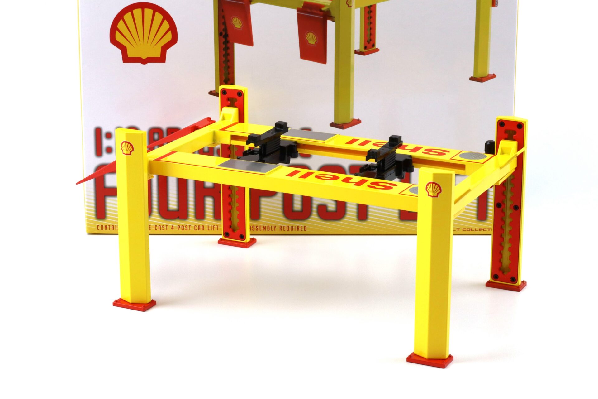 1:18 Greenlight SHELL Adjustable FOUR-POST Lift Hebebühne Zubehör yellow/red