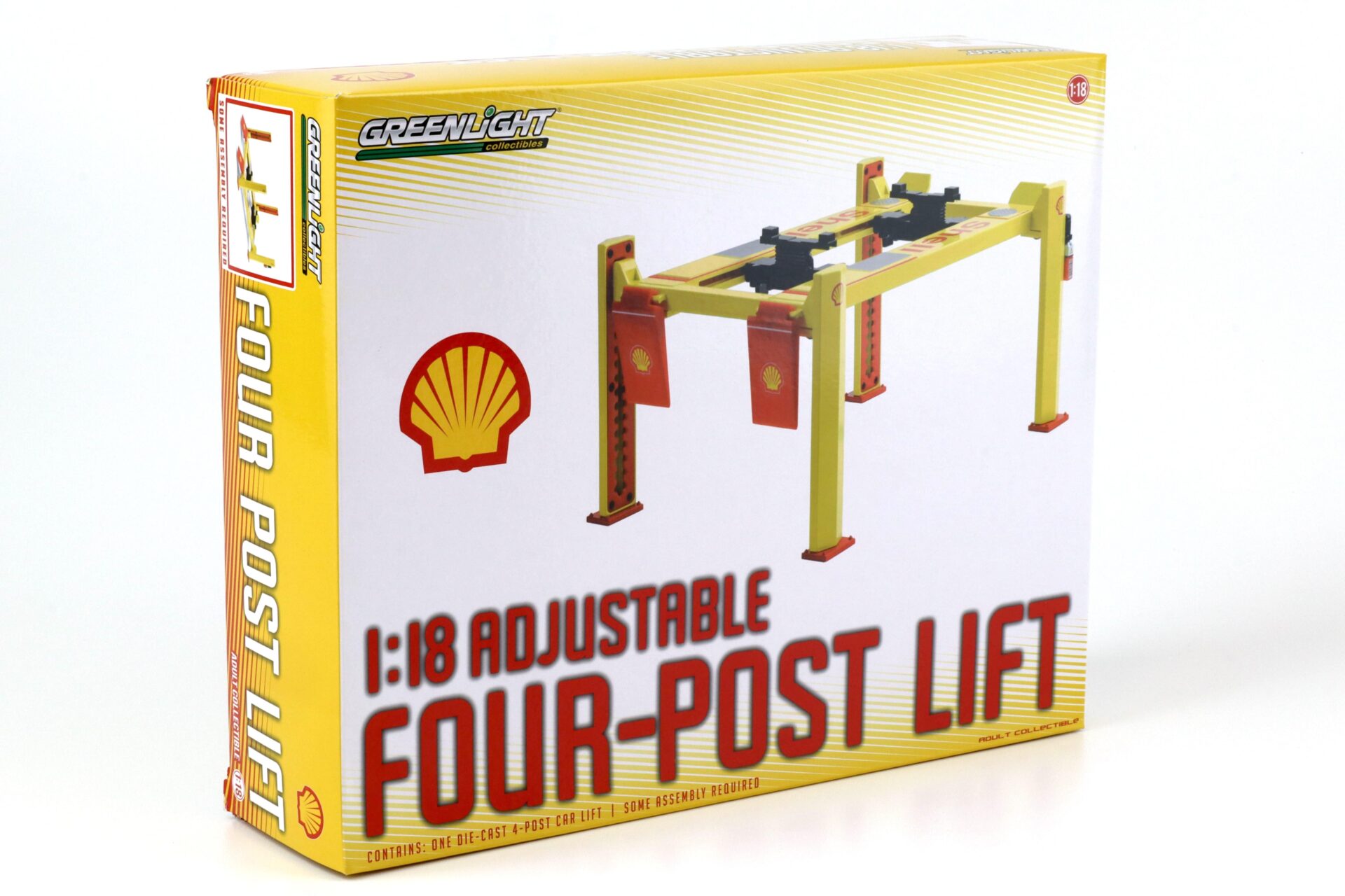 1:18 Greenlight SHELL Adjustable FOUR-POST Lift Hebebühne Zubehör yellow/red