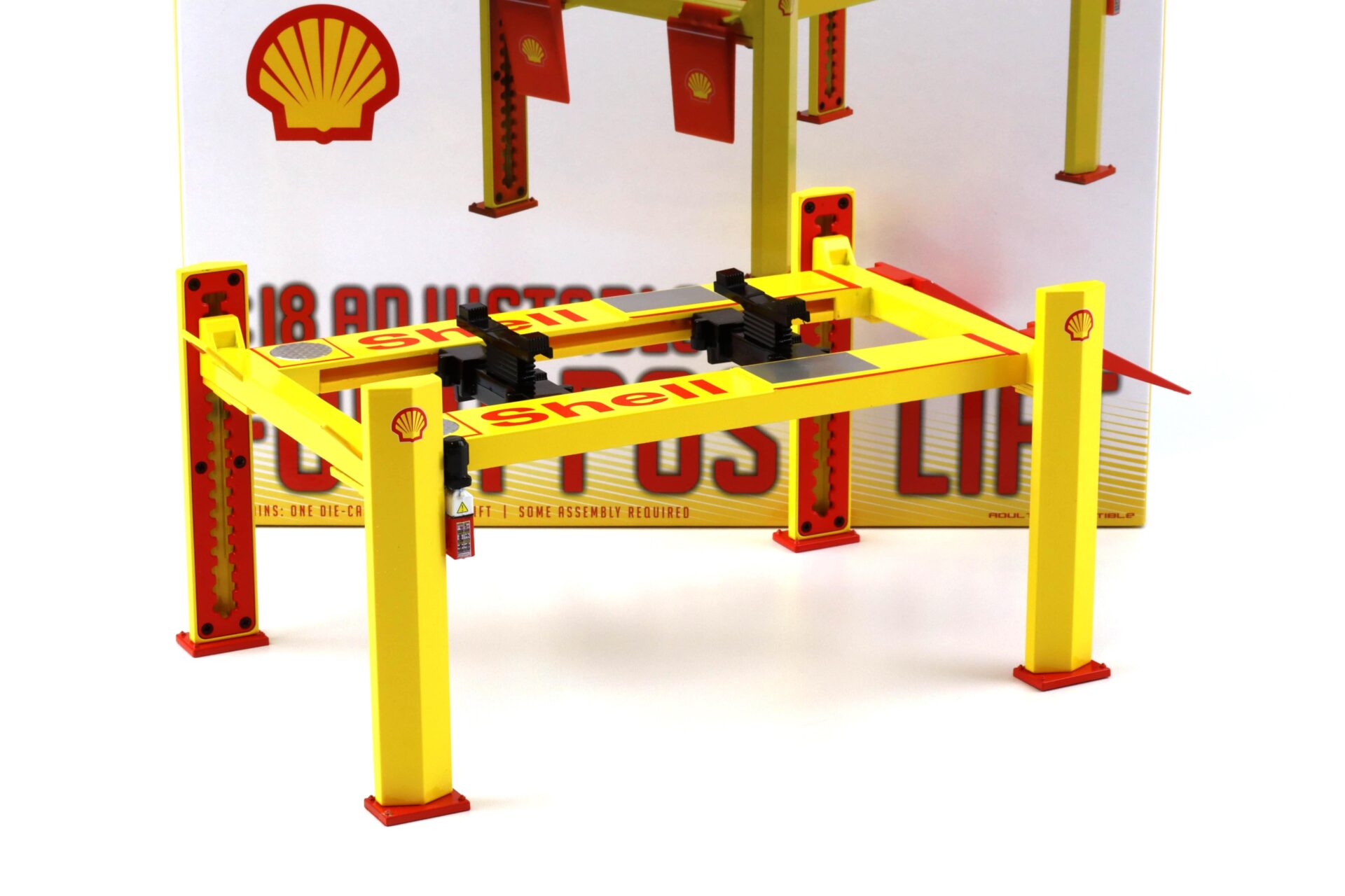 1:18 Greenlight SHELL Adjustable FOUR-POST Lift Hebebühne Zubehör yellow/red