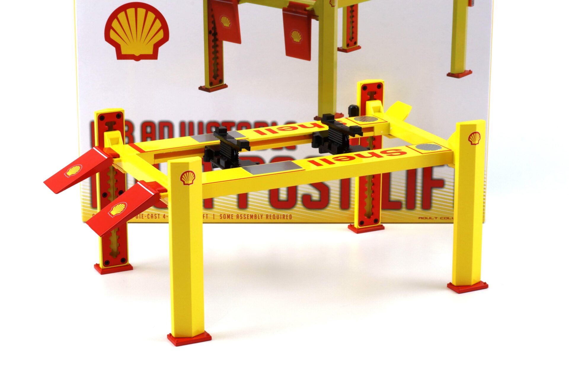 1:18 Greenlight SHELL Adjustable FOUR-POST Lift Hebebühne Zubehör yellow/red
