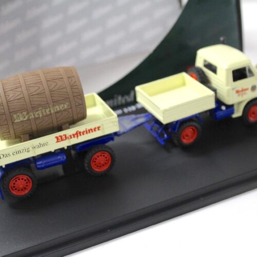 1:43 Schuco Mercedes Unimog 411 mit Anhänger Müller Mitteltal WARSTEINER