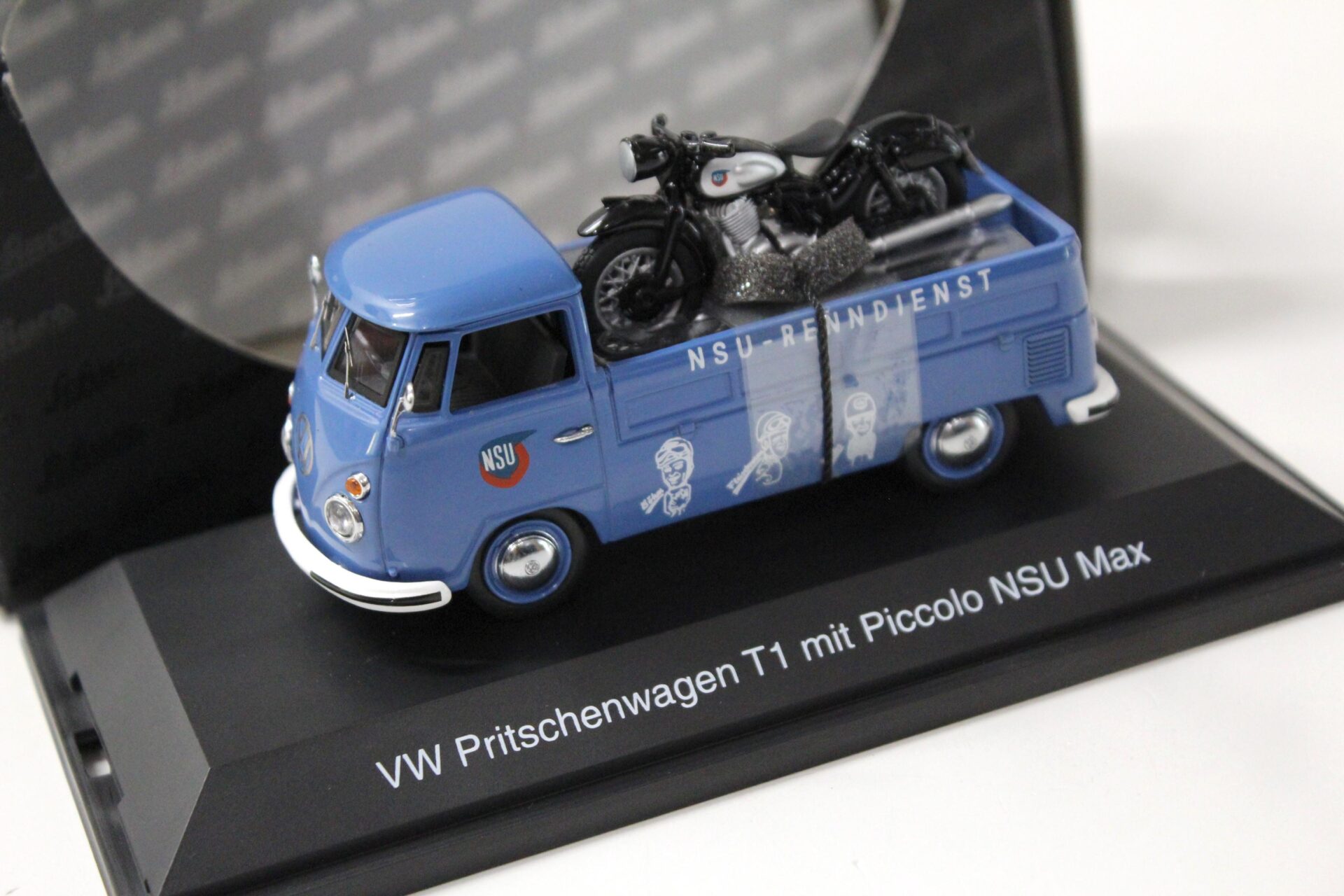 1:43 Schuco VW T1 Pritschenwagen mit Piccolo NSU Max Renndienst blue