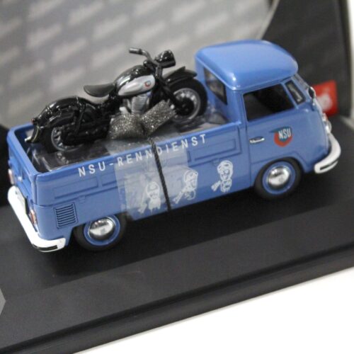 1:43 Schuco VW T1 Pritschenwagen mit Piccolo NSU Max Renndienst blue