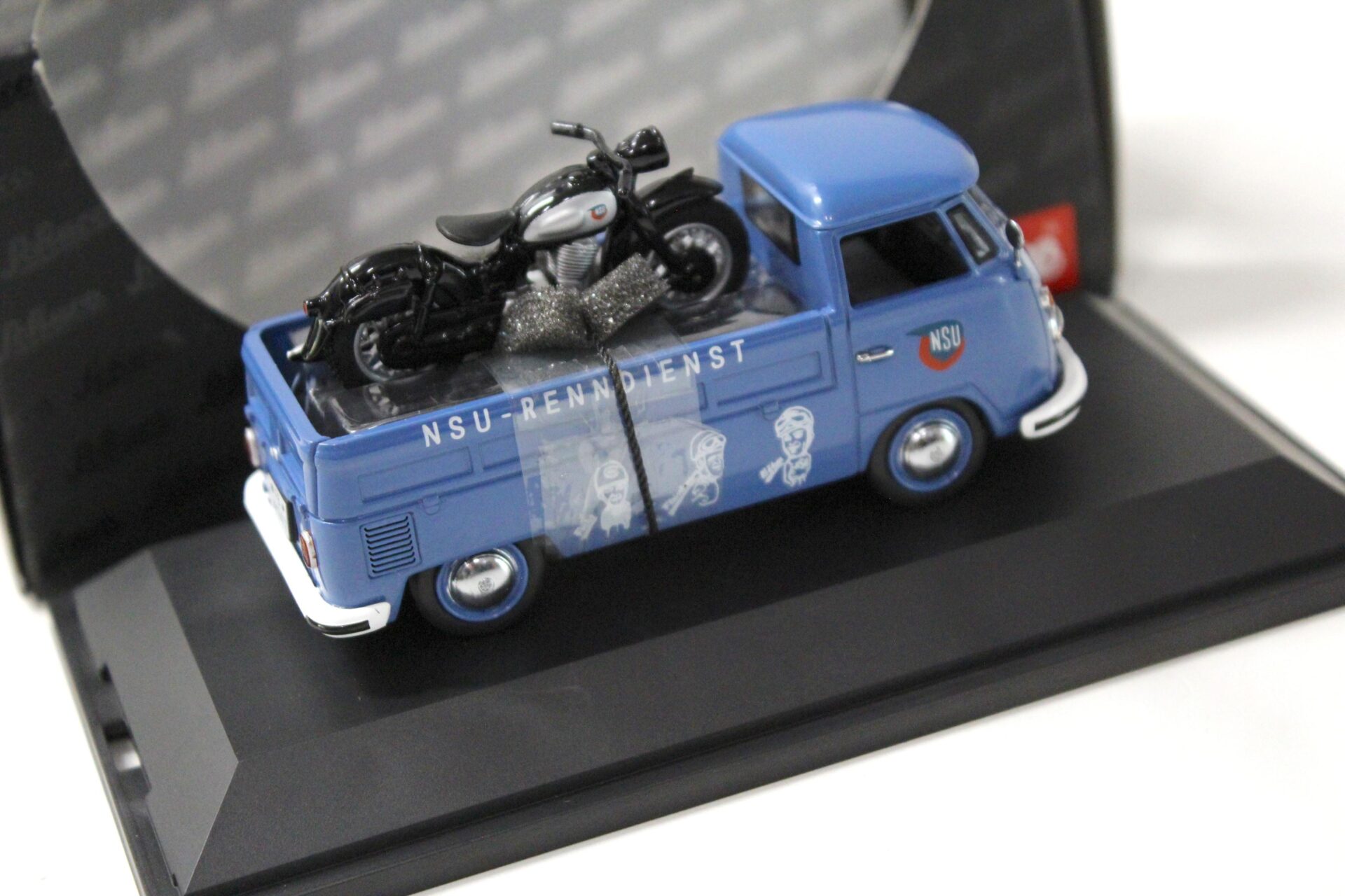 1:43 Schuco VW T1 Pritschenwagen mit Piccolo NSU Max Renndienst blue