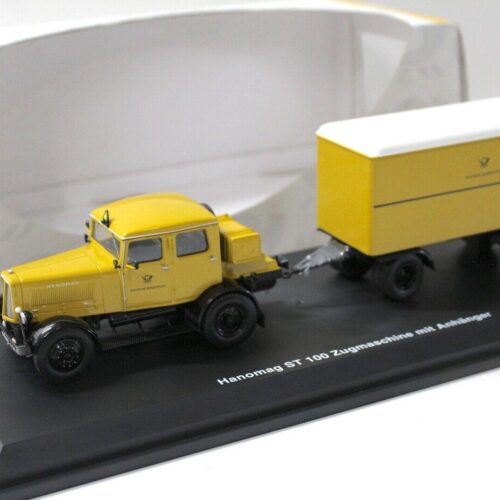 1:43 Schuco Hanomag ST 100 Zugmaschine mit Anhänger Deutsche Post yellow