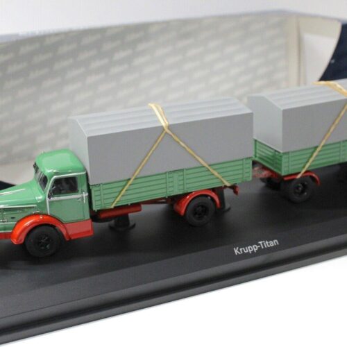1:43 Schuco Krupp Titan Planen-LKW mit Anhänger green
