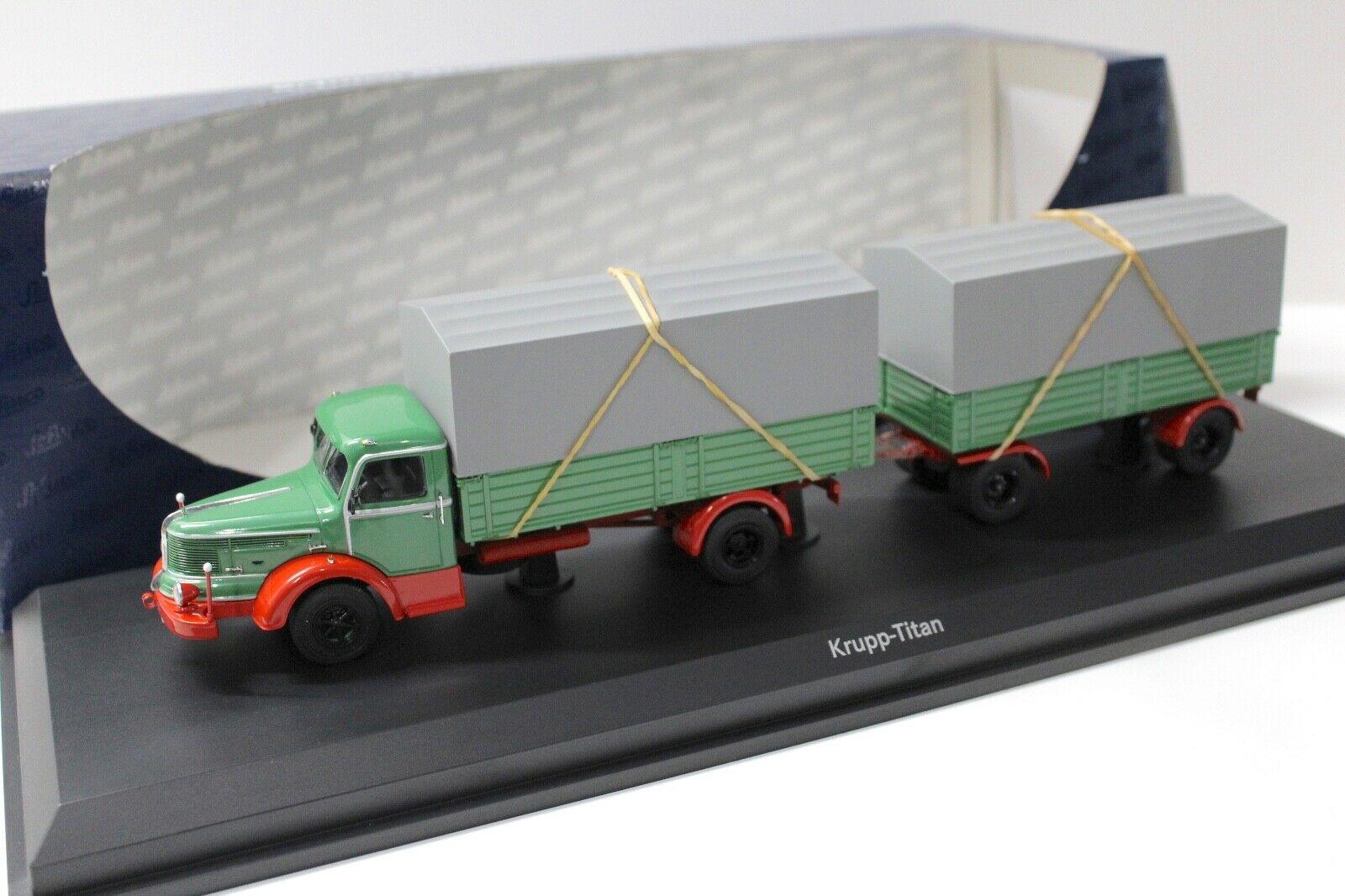 1:43 Schuco Krupp Titan Planen-LKW mit Anhänger green