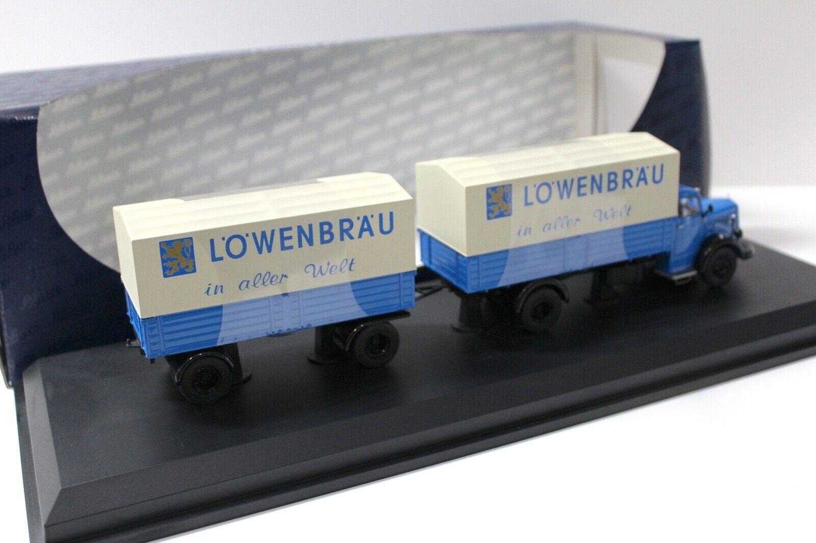 1:43 Schuco Mercedes L6600 mit Anhänger LÖWENBRÄU blue
