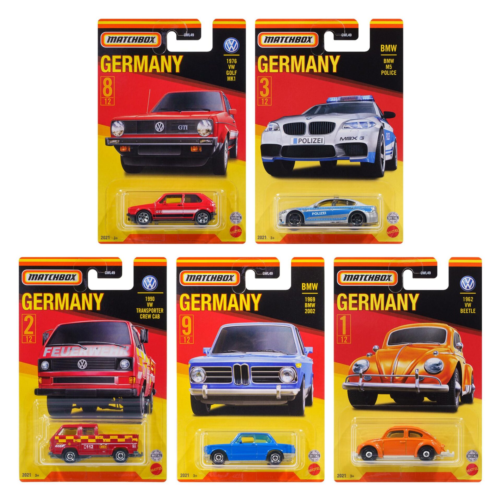 1:64 Matchbox SET 2021 Best of Germany 5 pcs. - VW Golf, BMW M5 usw.