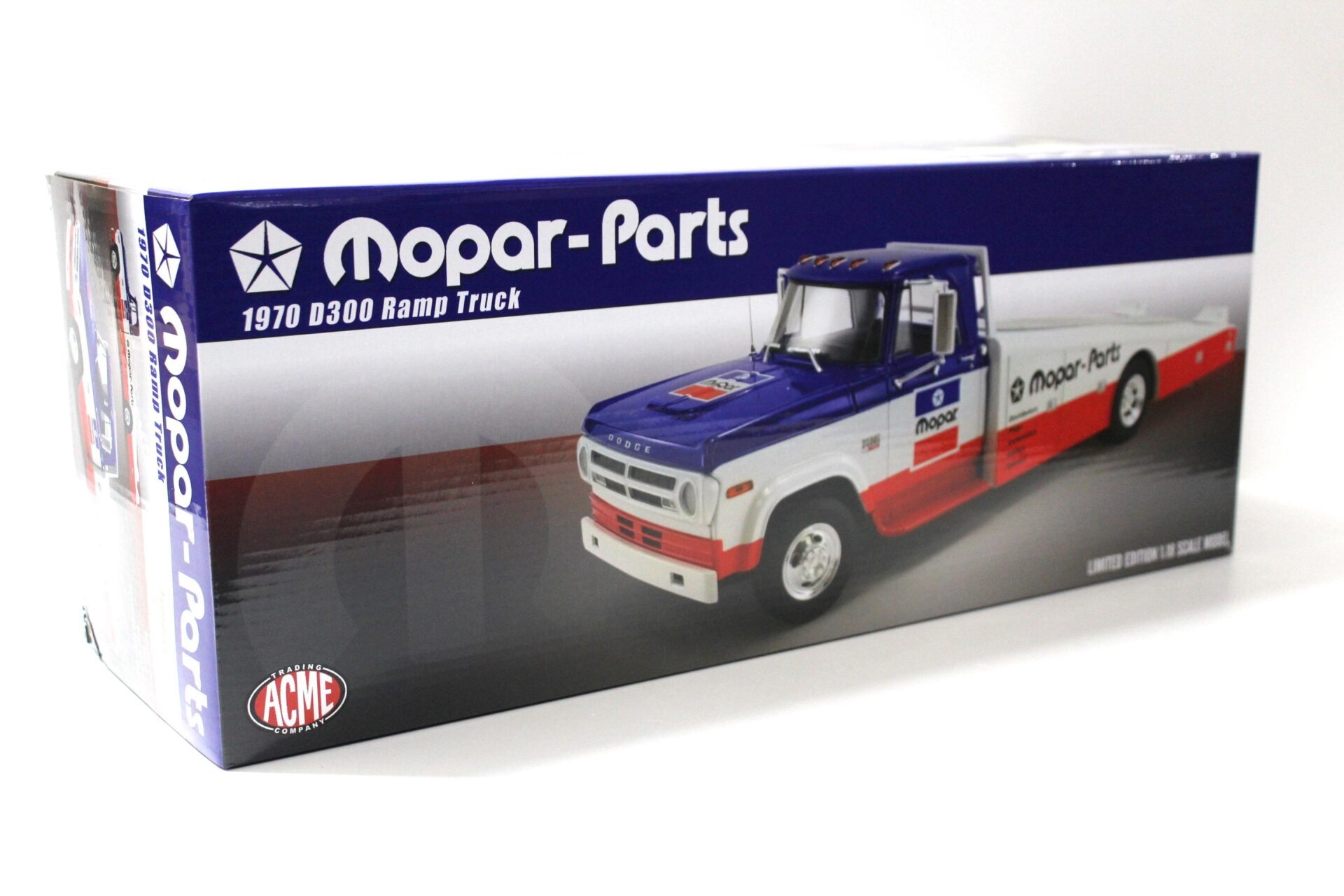 1:18 ACME 1970 Dogde D300 Ramp Truck *MOPAR-PARTS* blue/ white/ red