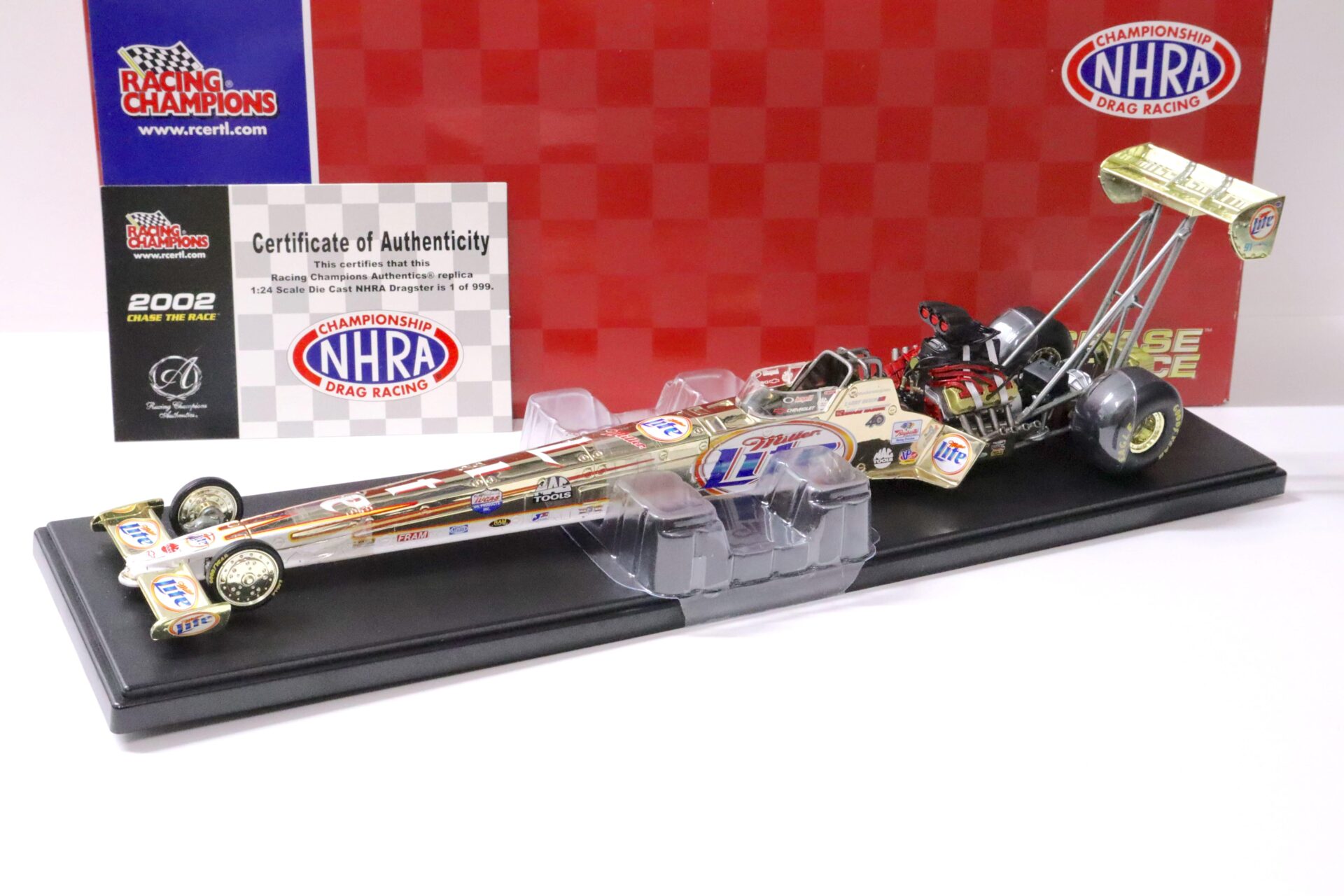ID 59623 orig.jpg 1:24 Racing Champions ERTL 2002 Top Fuel Dragster Dixon Miller Lite CHASE CAR Gold Chrome