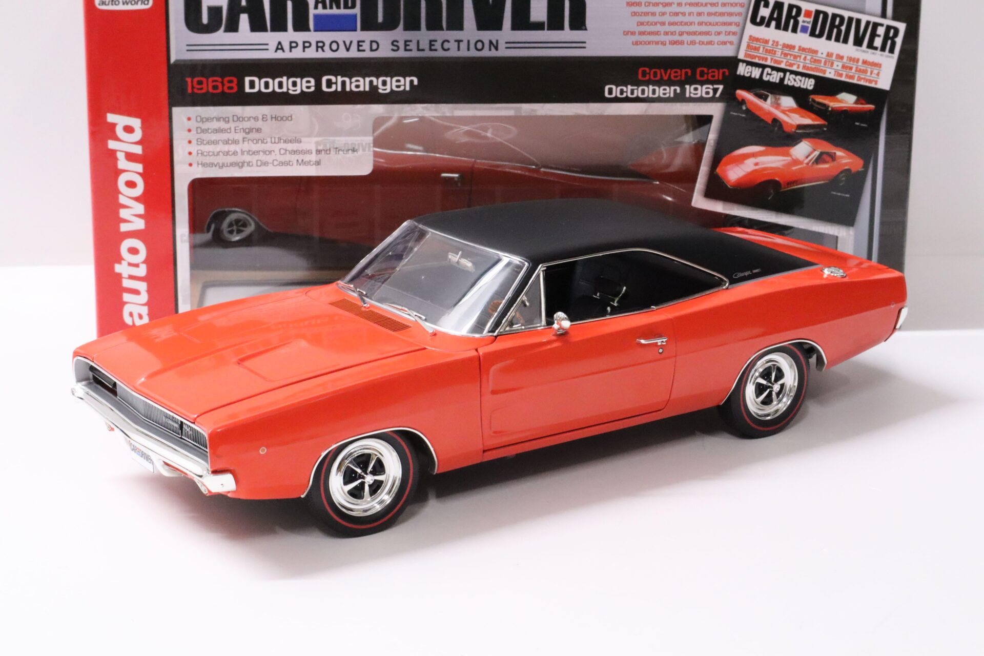 ID 60118 orig.jpg 1:18 Auto World 1968 Dodge Charger Coupe orange/ black roof "Car Driver Cover"