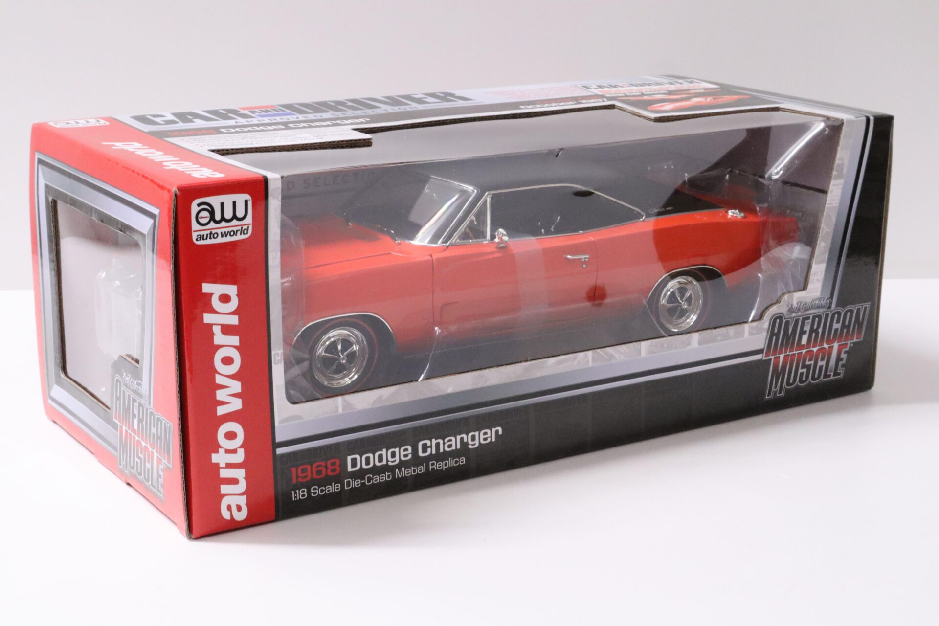 1:18 Auto World 1968 Dodge Charger Coupe orange/ black roof "Car Driver Cover"