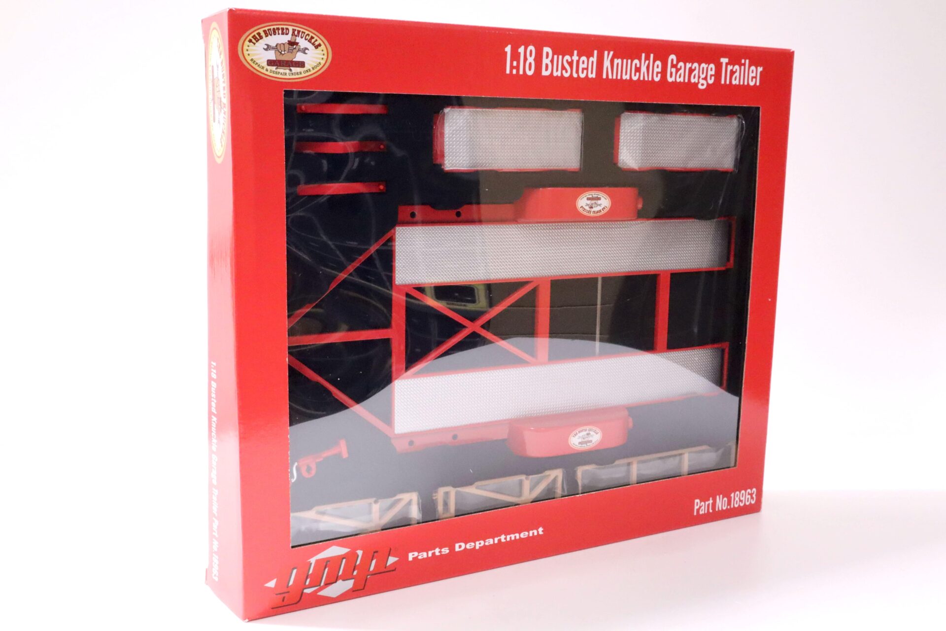 1:18 GMP Tandem Car Trailer Anhänger Busted Knuckle Garage red Diorama Zubehör