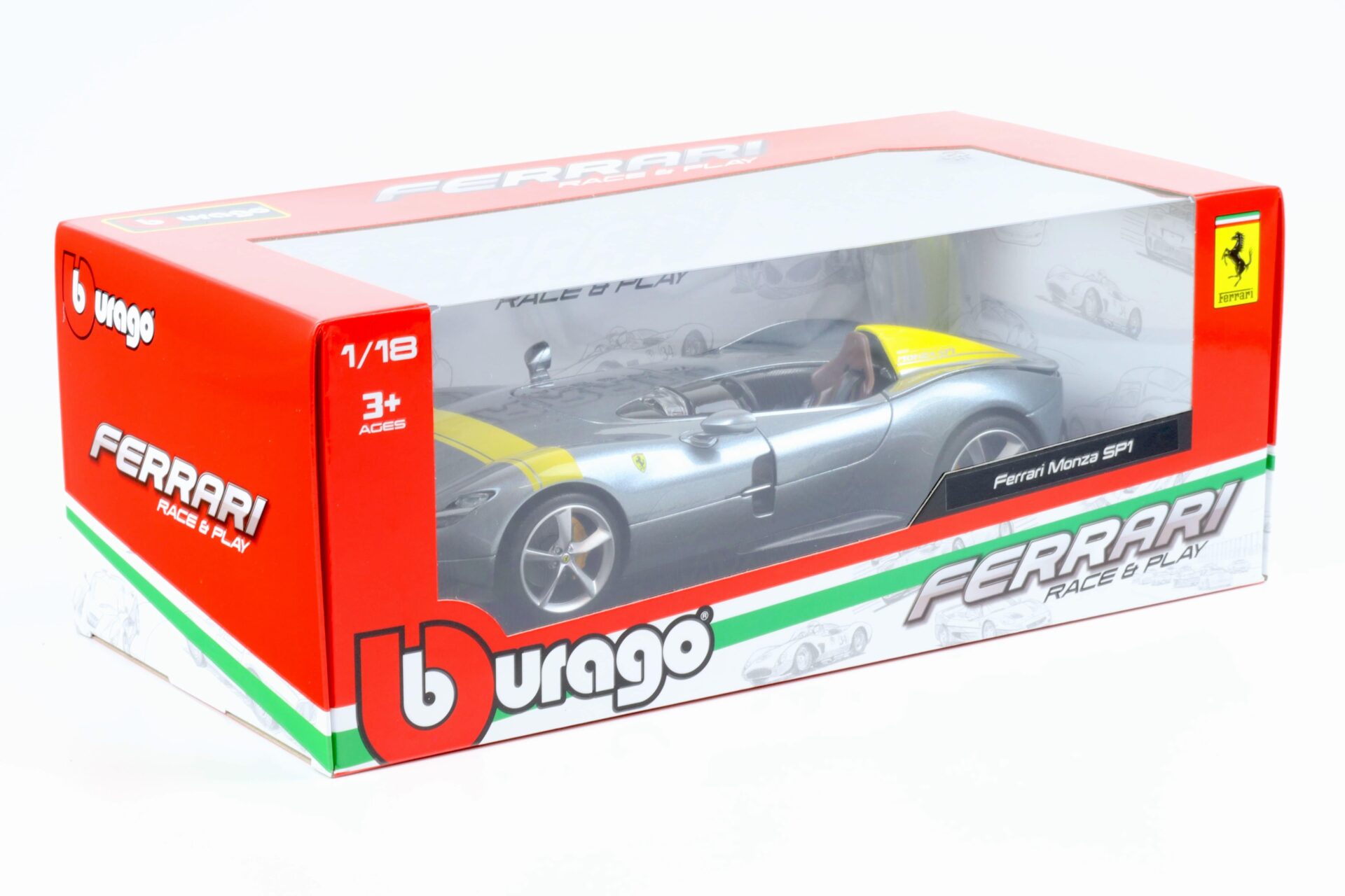 1:18 Bburago R&P Ferrari Monza SP1 grey metallic/ yellow 2019