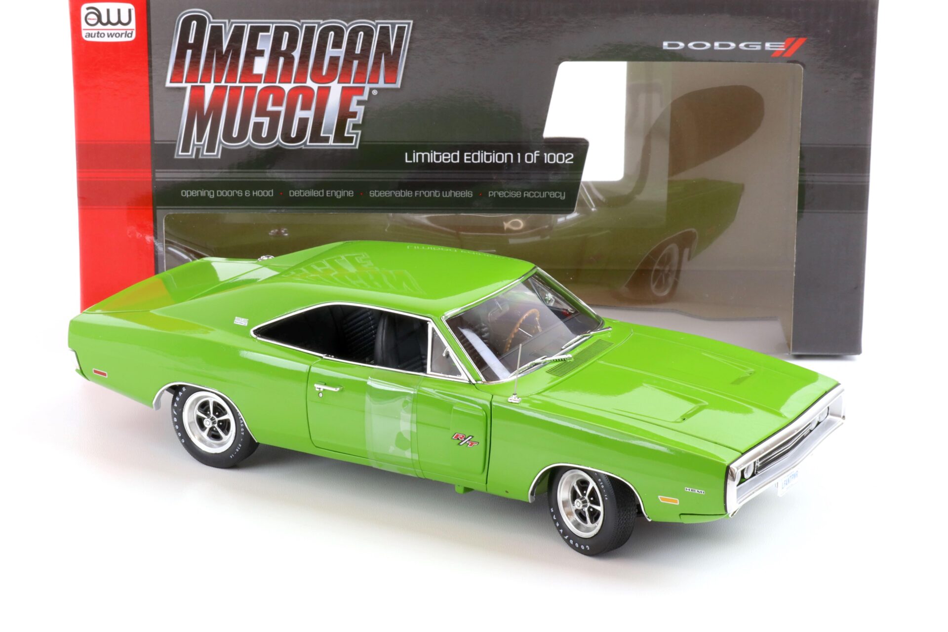 1:18 Auto World 1970 Dodge Charger R/T SE Coupe green New Magnum 500 wheel