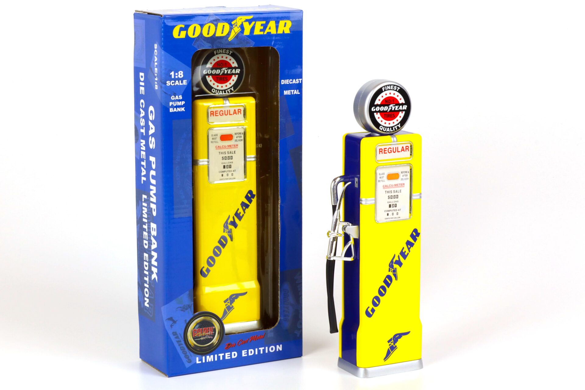 1:8 Golden Wheel Zubehör Gas Pump Bank Zapfsäule GOODYEAR yellow/ blue