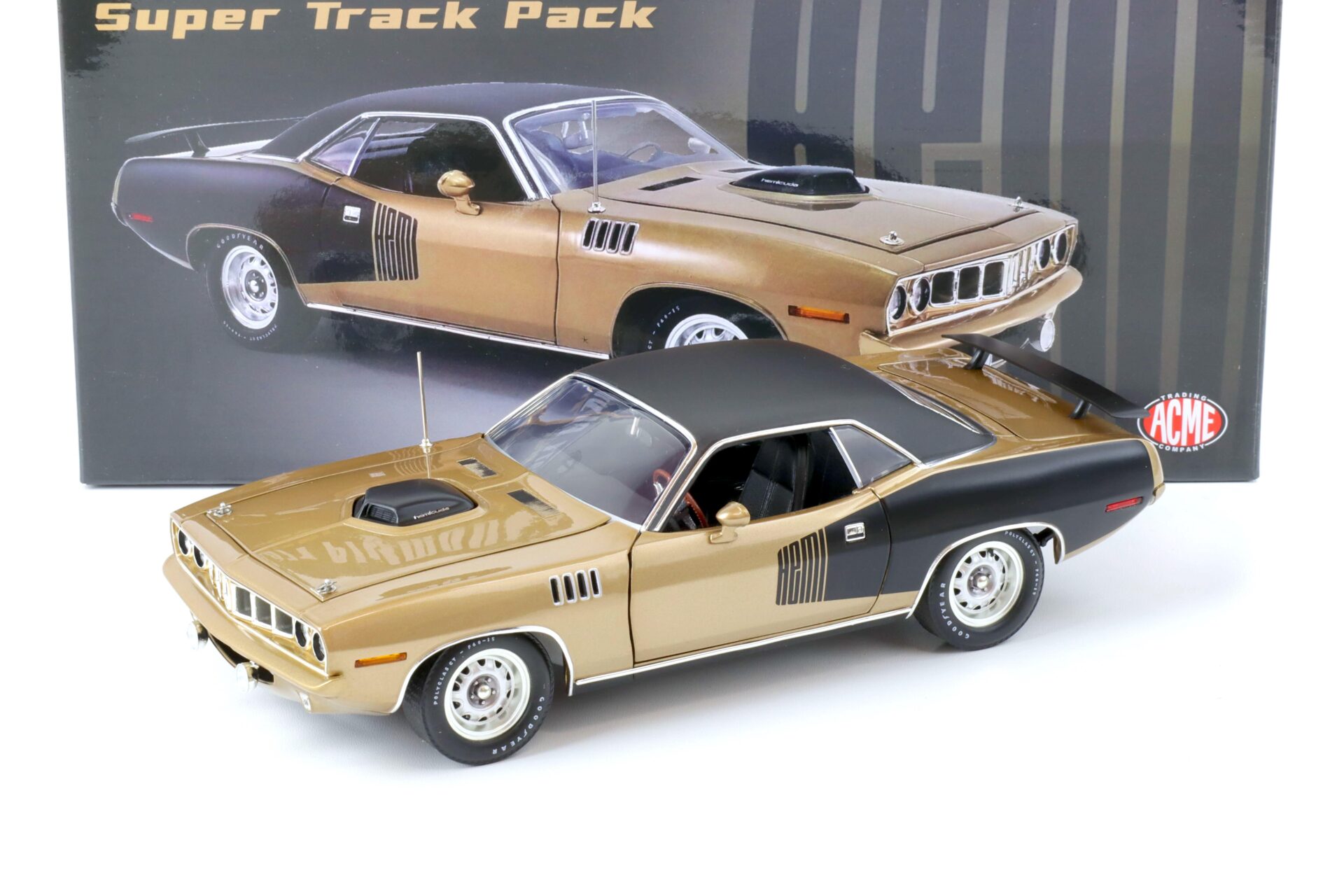 ID 69824 orig.jpg 1:18 ACME 1971 Plymouth Hemi Cuda Super Track Pack brown-gold metallic/ black roof