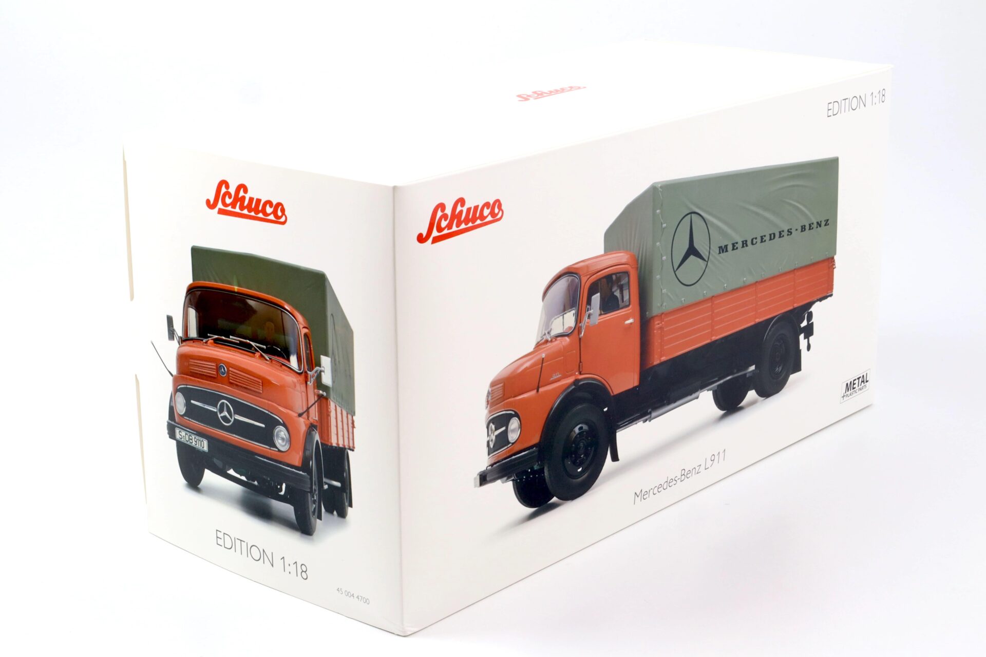 1:18 Schuco Mercedes L911 Pritsche + Plane LKW MHI Edition orange Die-Cast