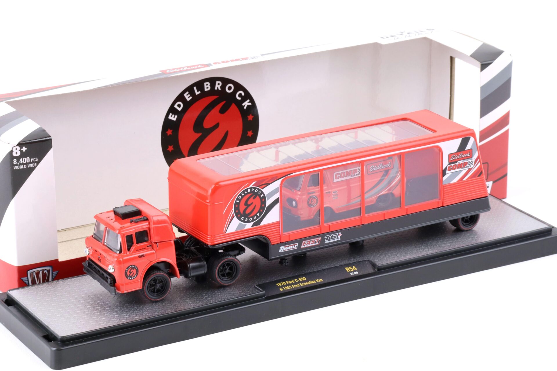 1:64 M2 Machines 1970 Ford C-950 car hauler & 1965 Ford Ecoline Van EDELBROCK