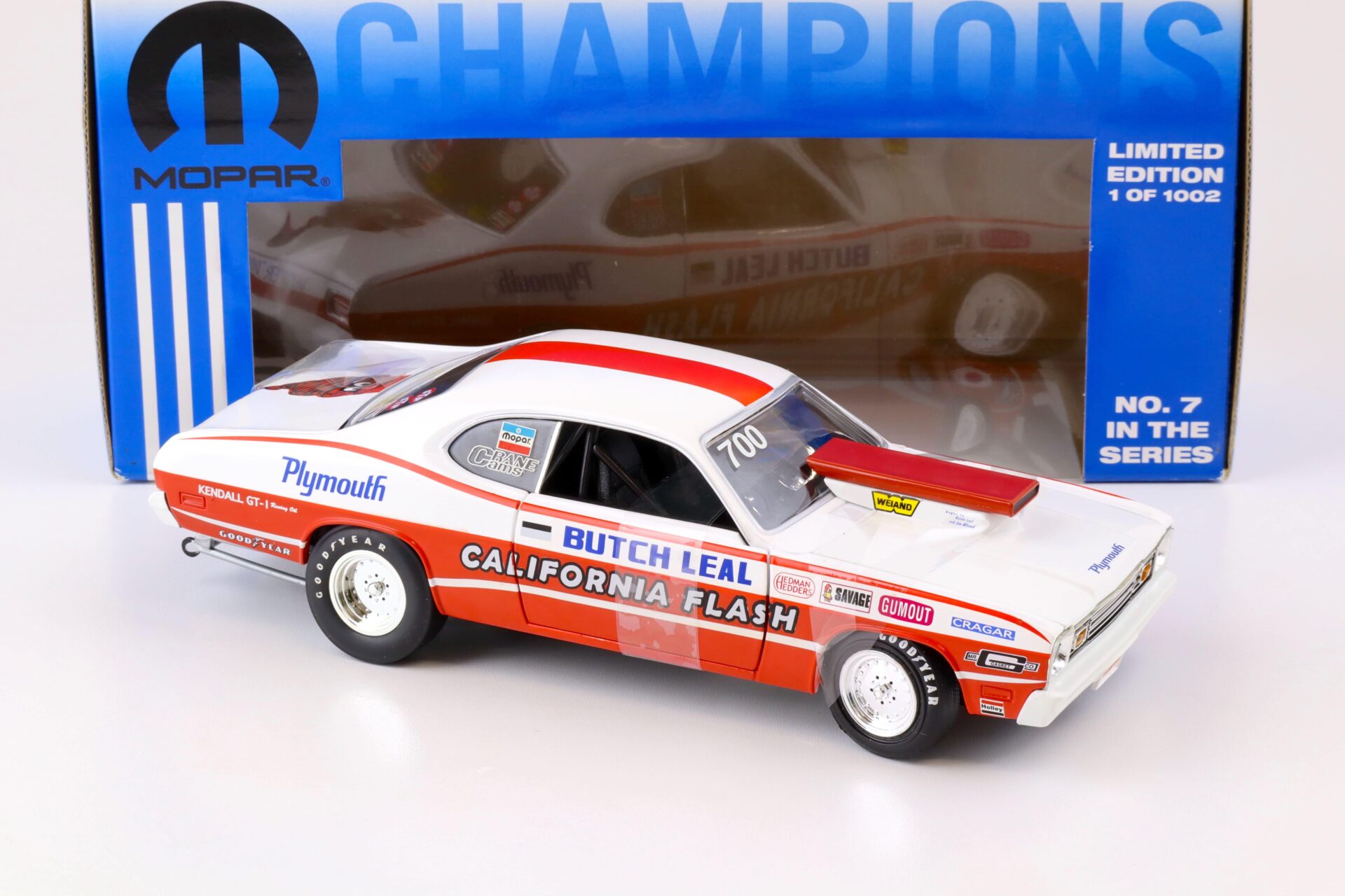1:18 ERL 1973 Plymouth Duster BUTCH LEAL MOPAR California Flash red/ white