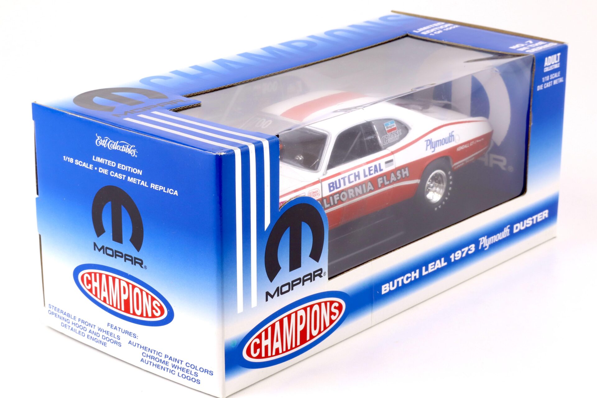 1:18 ERL 1973 Plymouth Duster BUTCH LEAL MOPAR California Flash red/ white