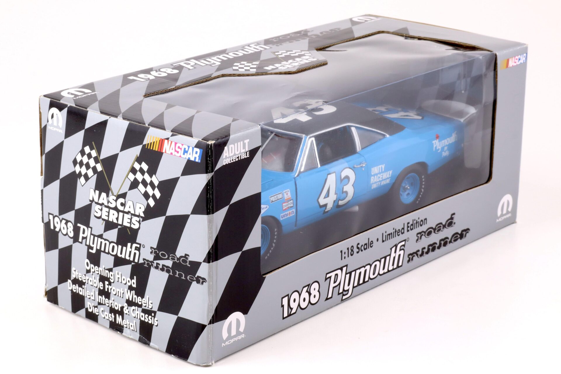 1:18 ERTL 1968 Plymouth Road Runner Nascar Series #43 blue / black