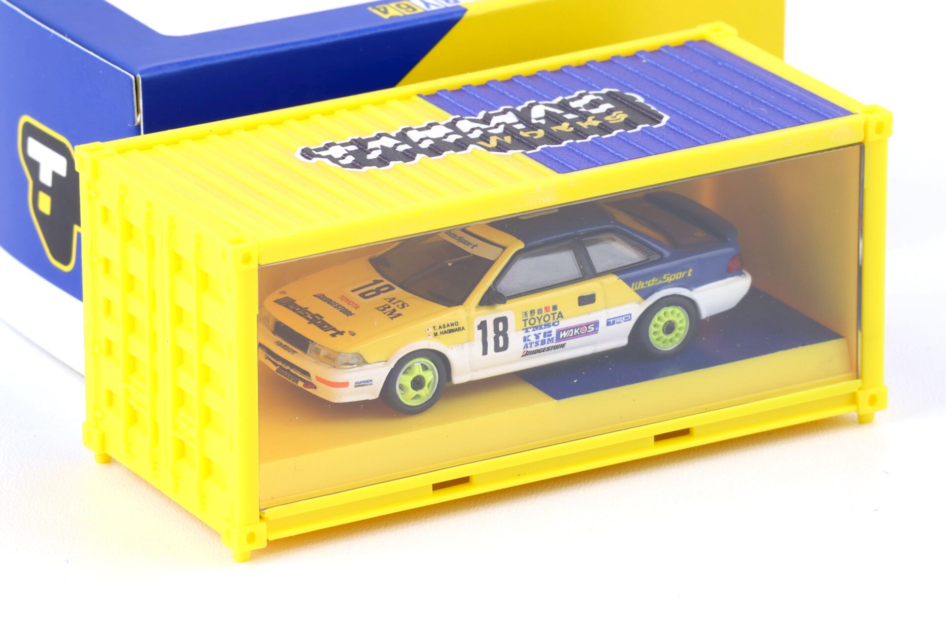 1:64 Tarmac Works Toyota Corolla Levin AE92 JTC 1993 #18 yellow / blue