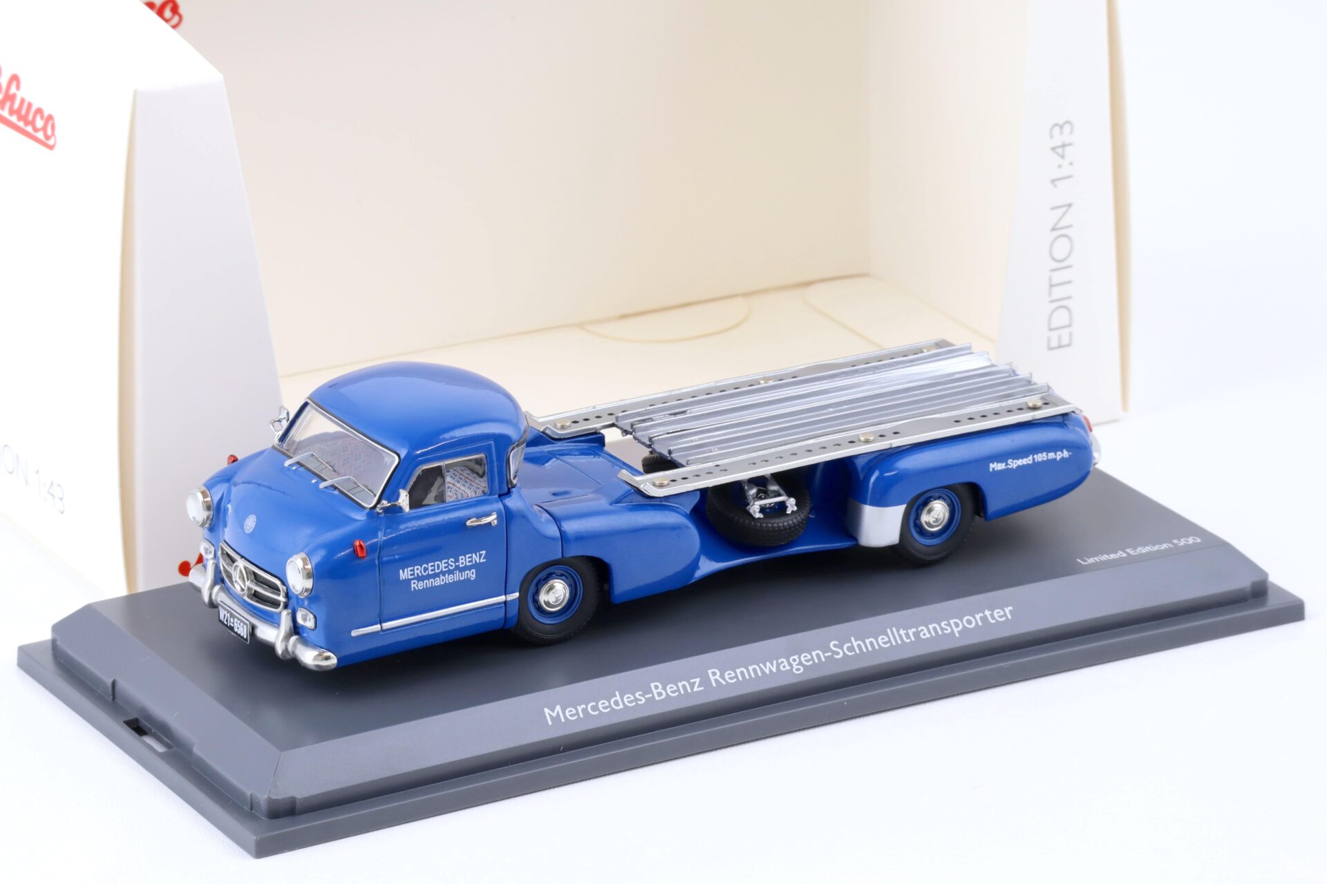 1:43 Schuco Mercedes Renntransporter "Das blaue Wunder" blue 1955