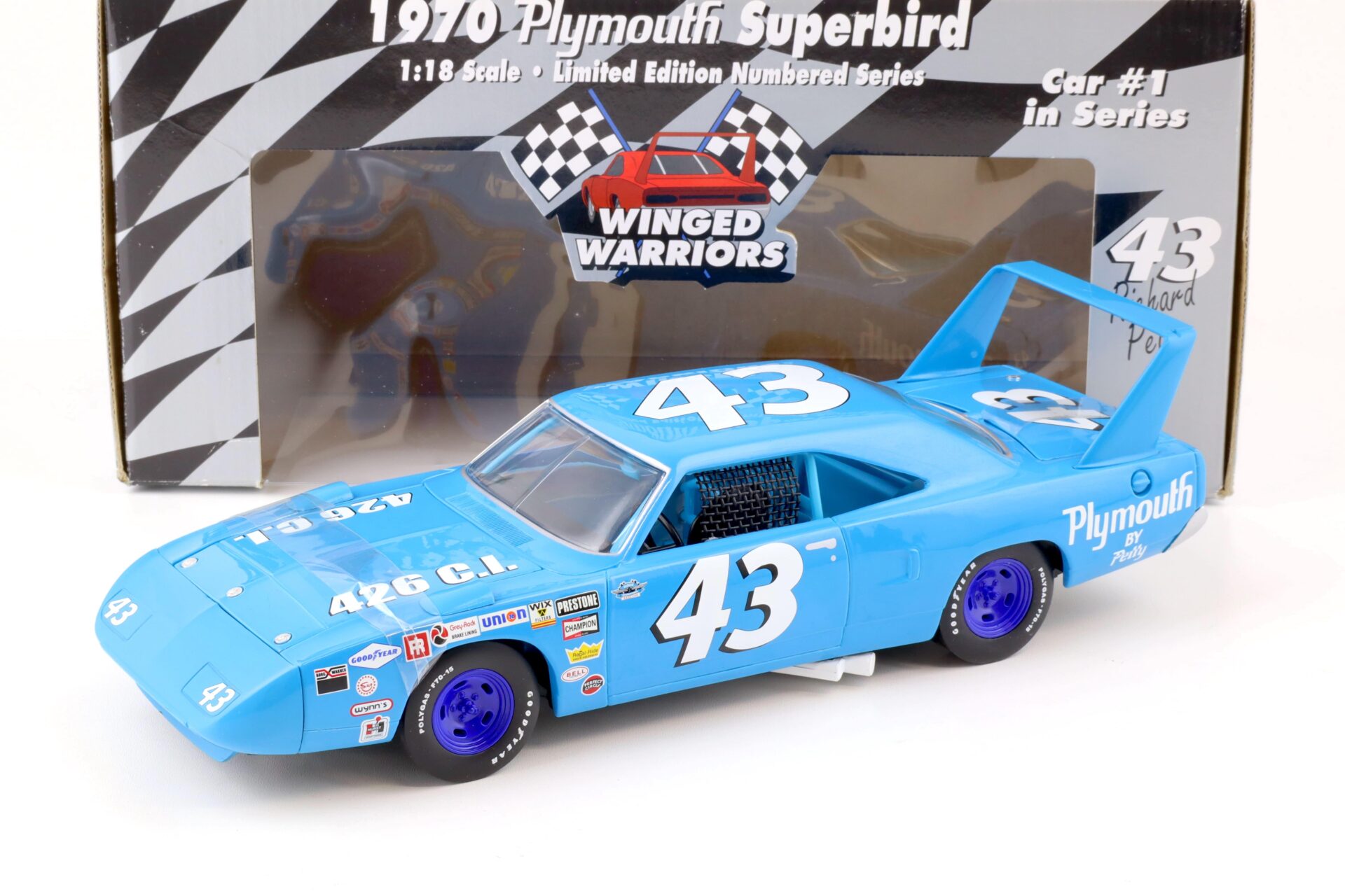 1:18 ERTL 1970 Plymouth Superbird #43 Winged Warriors Richard Petty blue