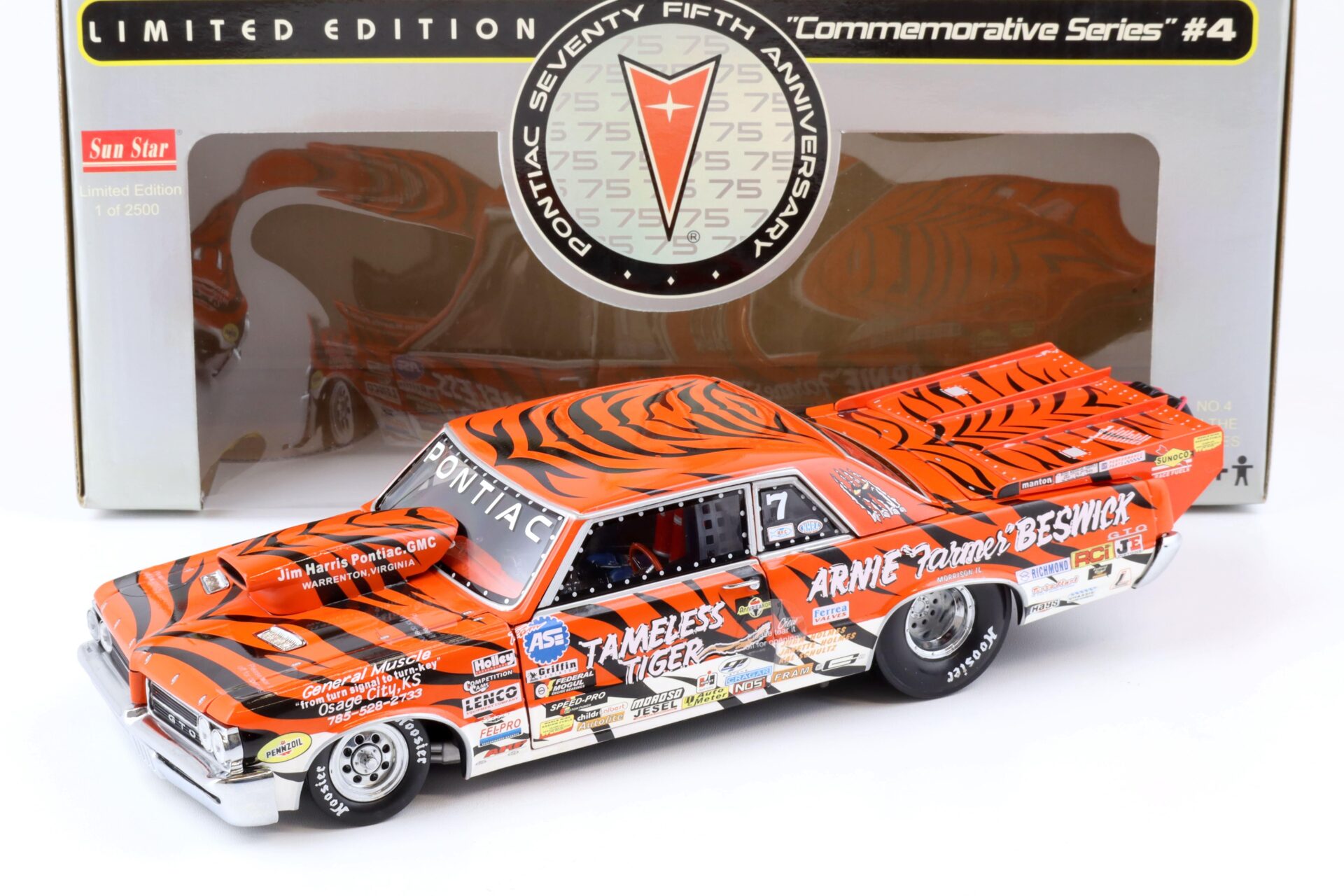 1:18 Sun Star 1964 Pontiac GTO ARNIE Farmer Beswick Tameless Tiger #7 orange
