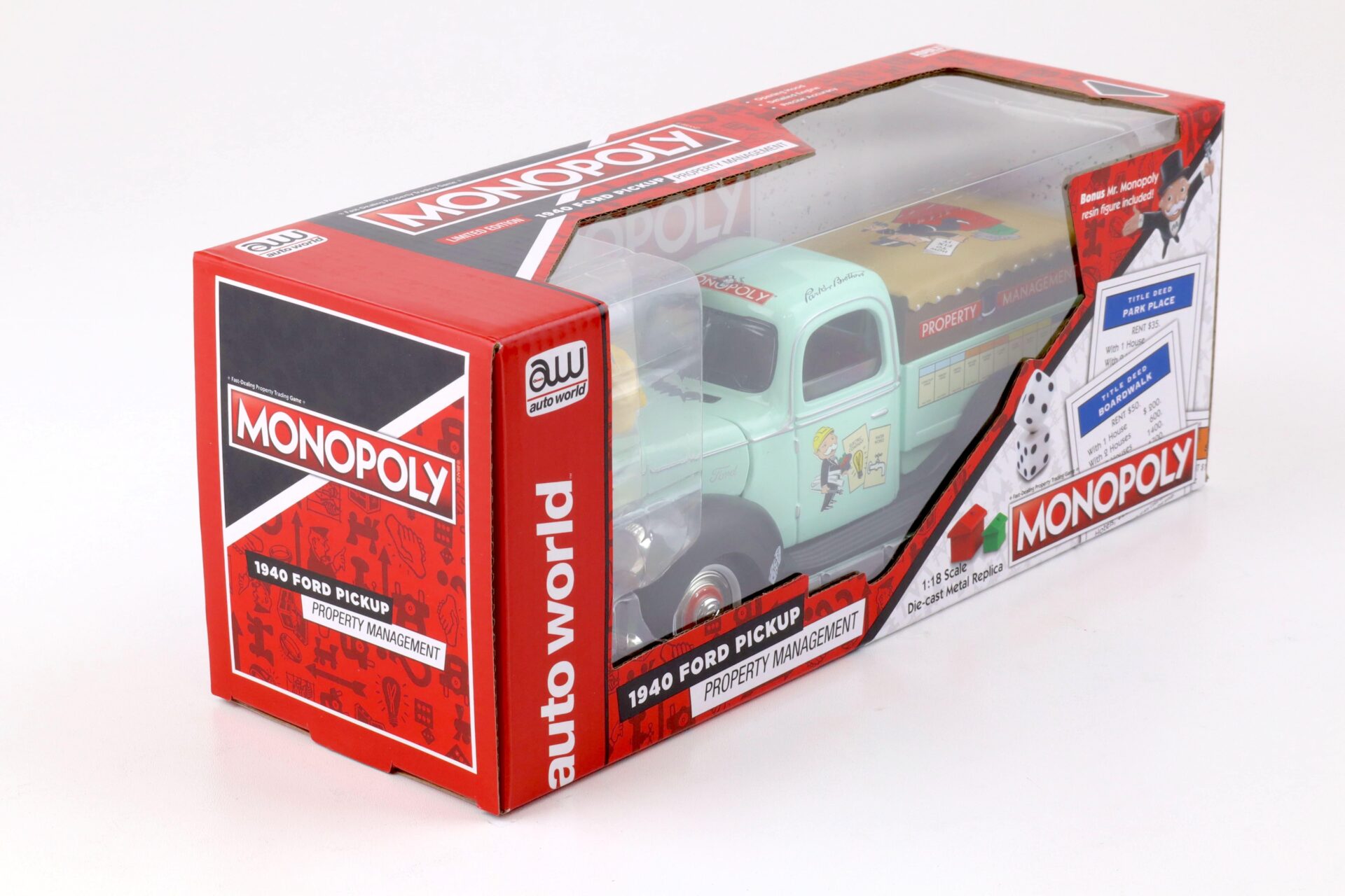 1:18 Auto World 1940 Ford Pickup Property Management Truck Monopoly + Figure