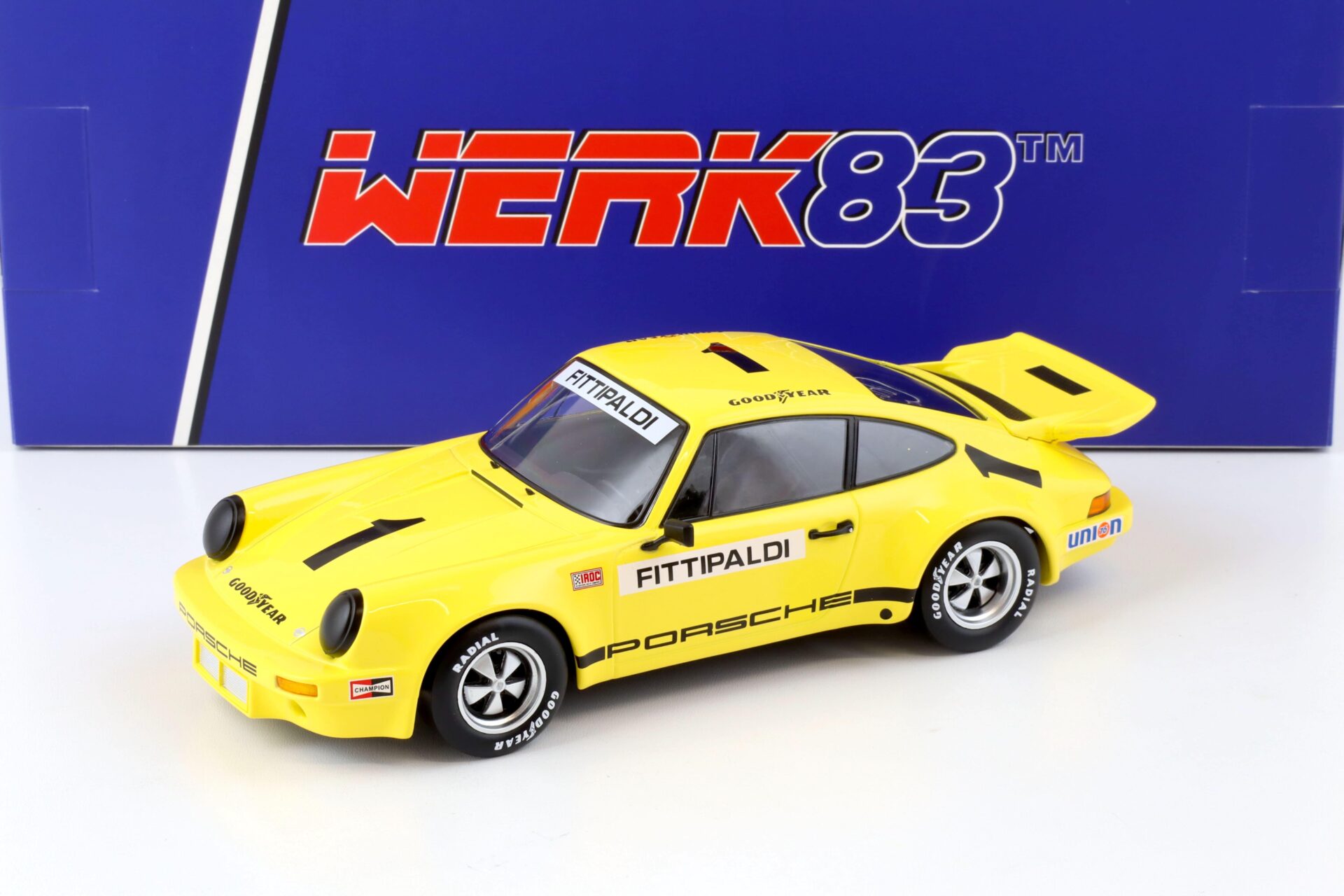 1:18 WERK83 Porsche 911 Carrera 3.0 RSR #1 IROC Riverside 1973 Fittipaldi yellow