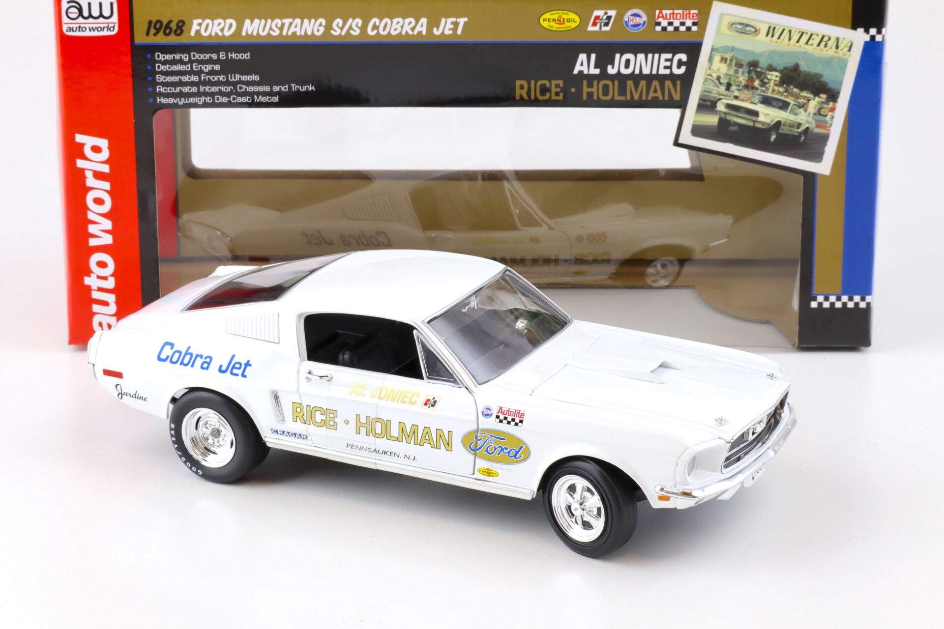 1:18 Auto World 1968 Ford Mustang S/S Cobra Jet Rice Holman Ford Al Joniec white