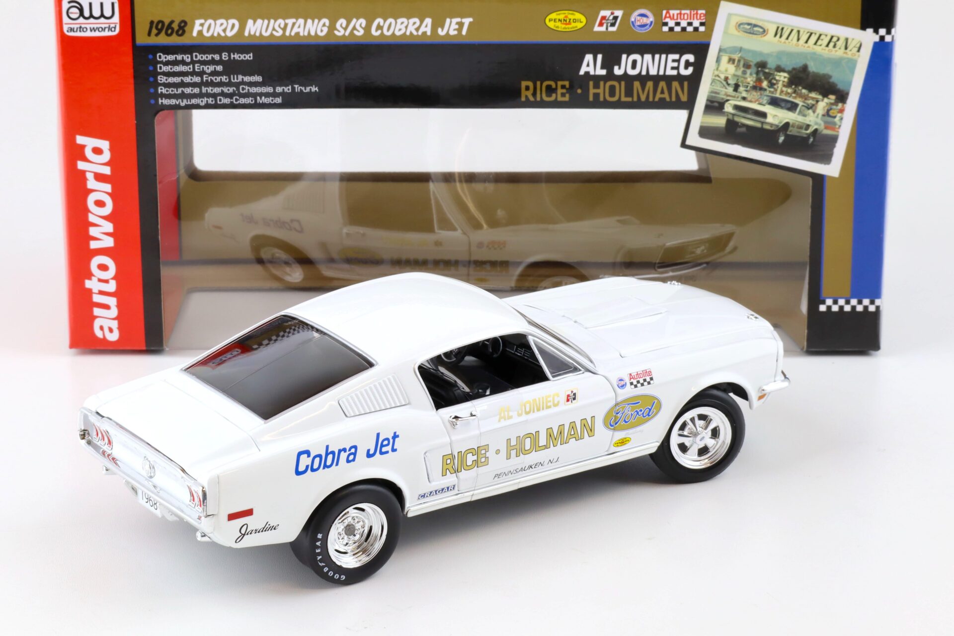1:18 Auto World 1968 Ford Mustang S/S Cobra Jet Rice Holman Ford Al Joniec white