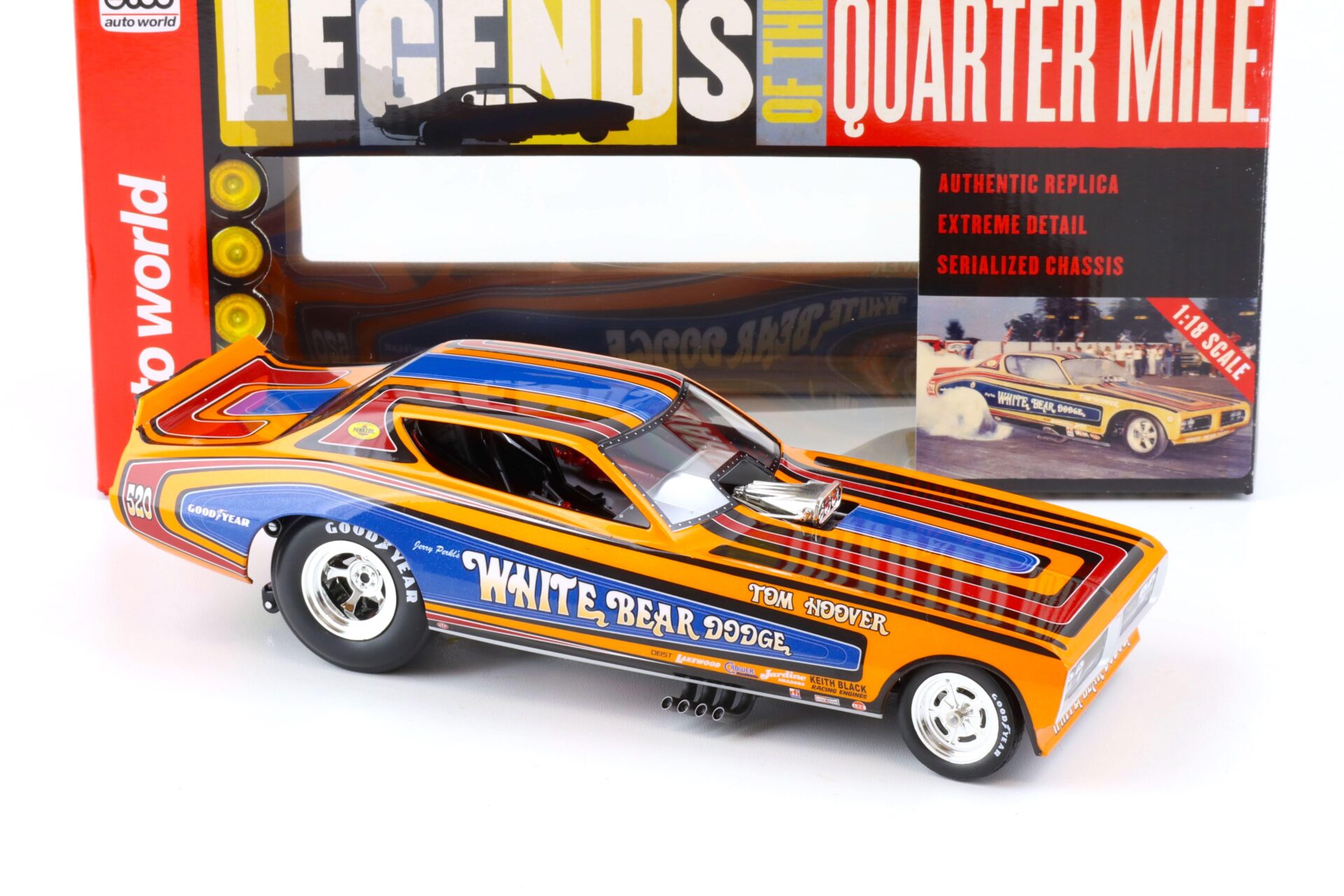 1:18 Auto World 1971 Dodge Charger Funny Car White Bear Dodge Tom Hoover