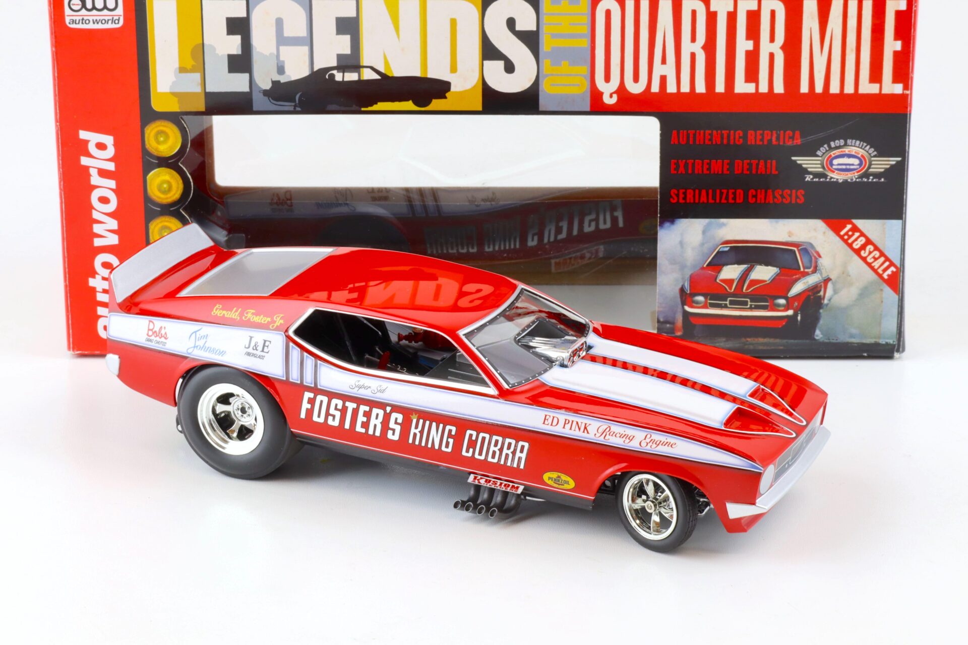 1:18 Auto World 1972 Ford Mustang NHRA Funny Car Fosters King Cobra red/ white