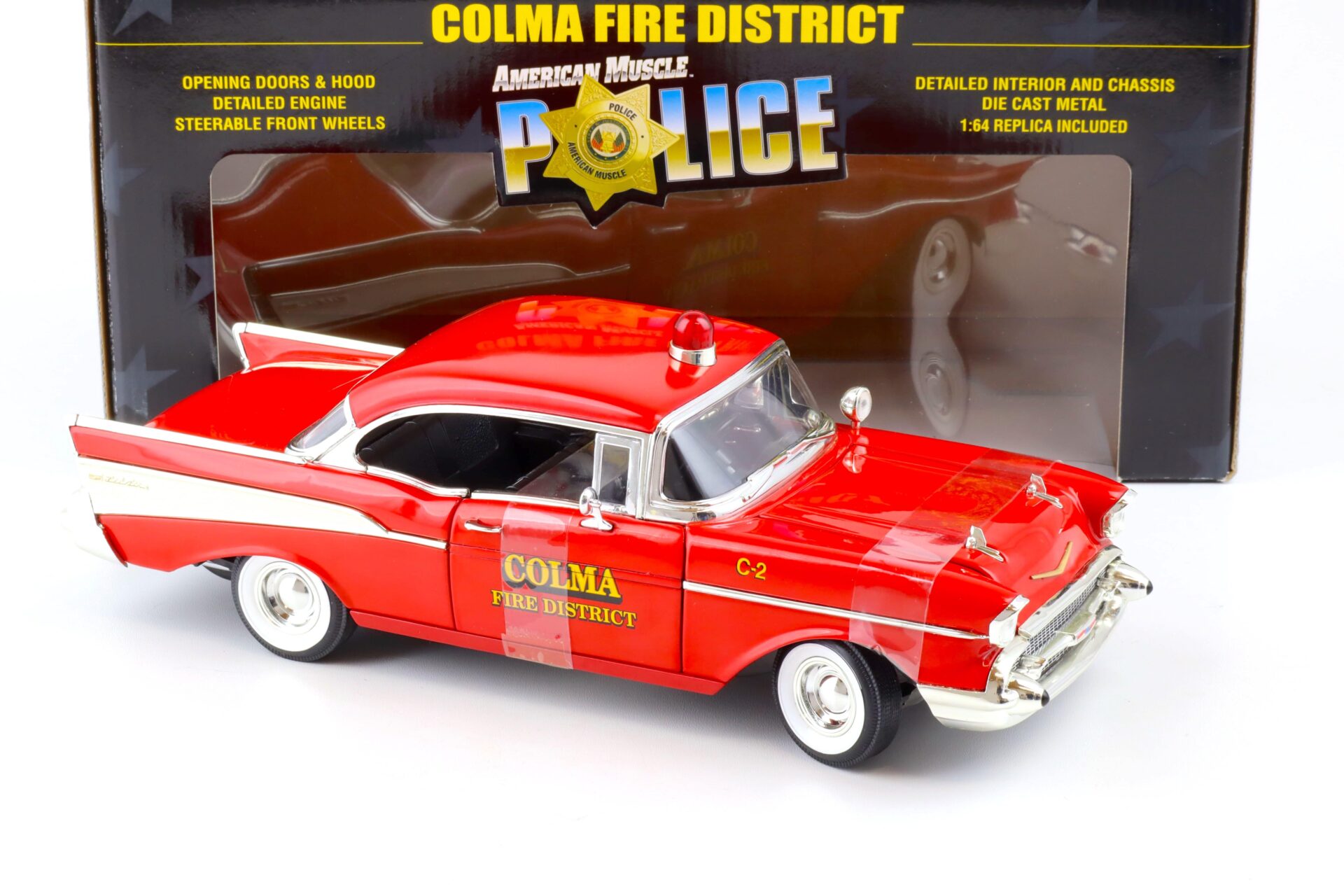 1:18 ERTL 1957 Chevrolet Bel Air Colma Fire District red with 1:64 Chevy Car