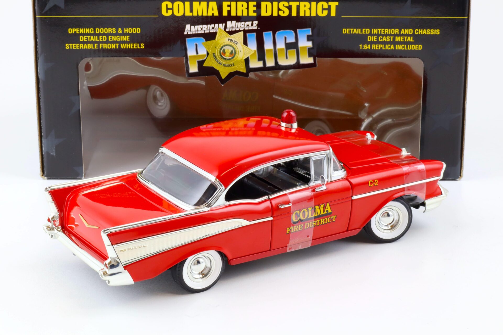 1:18 ERTL 1957 Chevrolet Bel Air Colma Fire District red with 1:64 Chevy Car