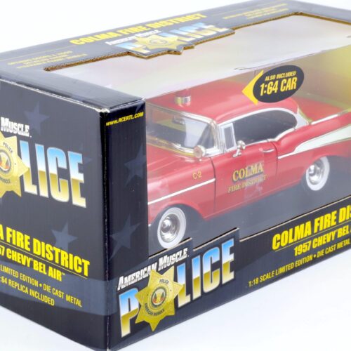 1:18 ERTL 1957 Chevrolet Bel Air Colma Fire District red with 1:64 Chevy Car