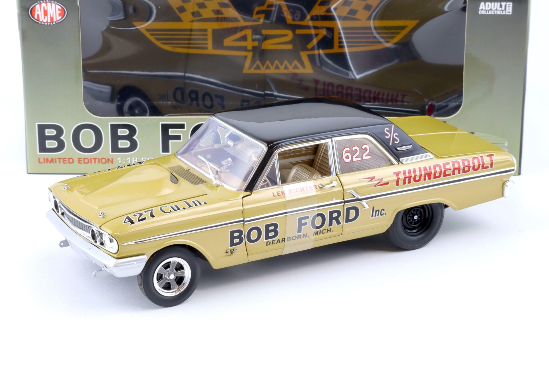 1:18 ACME 1964 Ford Fairlane 500 Thunderbolt NHRA BOB Ford #622 gold/black