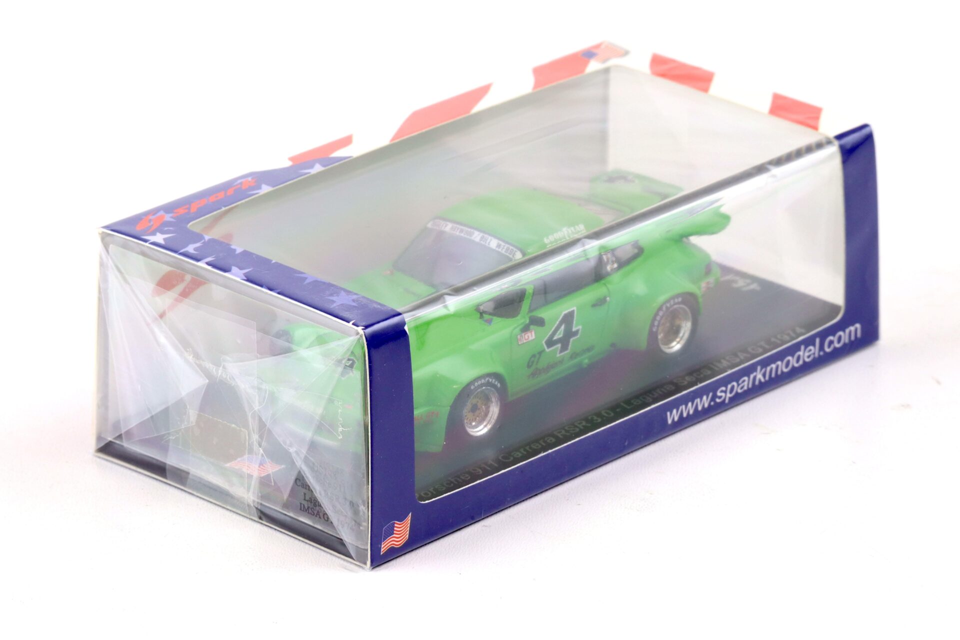 1:43 Spark Porsche 911 Carrera RSR 3.0 Laguna Seca IMSA GT 1974 green #4