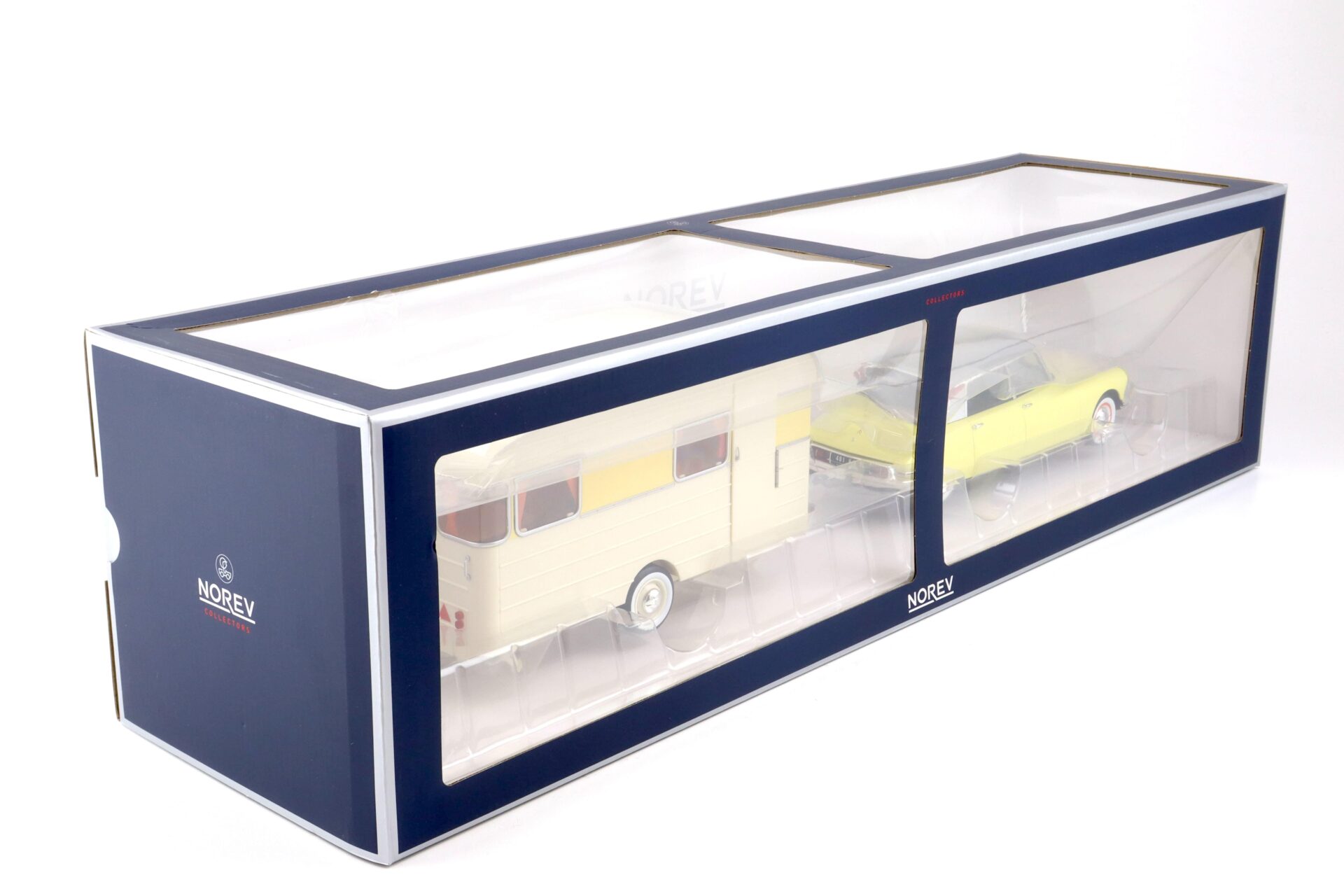 1:18 Norev Citroen DS 19 Jonquville yellow 1960 & Caravan Dengue Panoramic