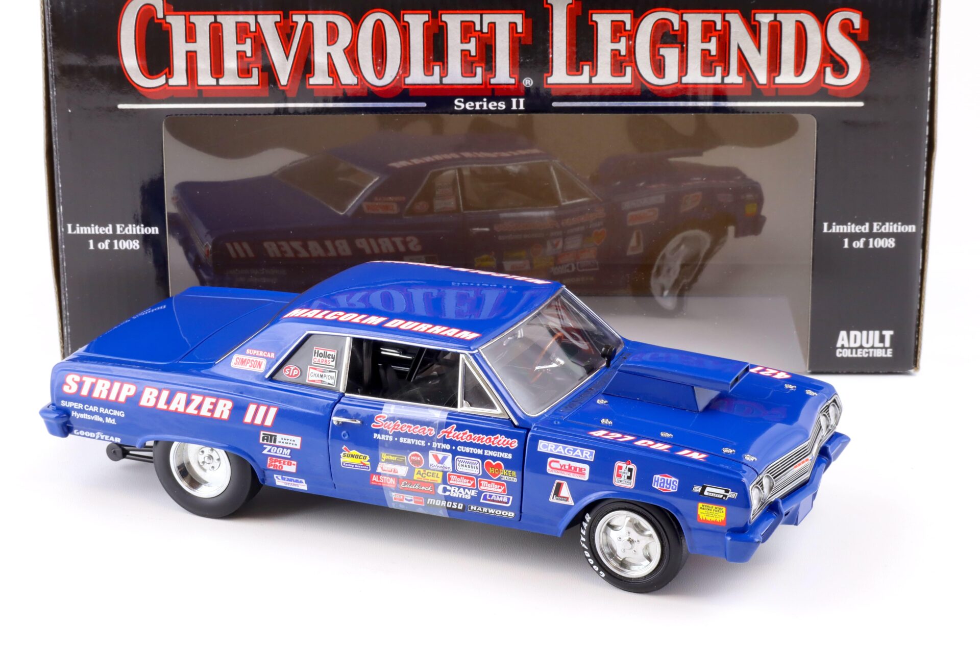 1:18 ERTL 1965 Chevrolet Chevelle Supercar Strip Blazer III Malcom Durham blue