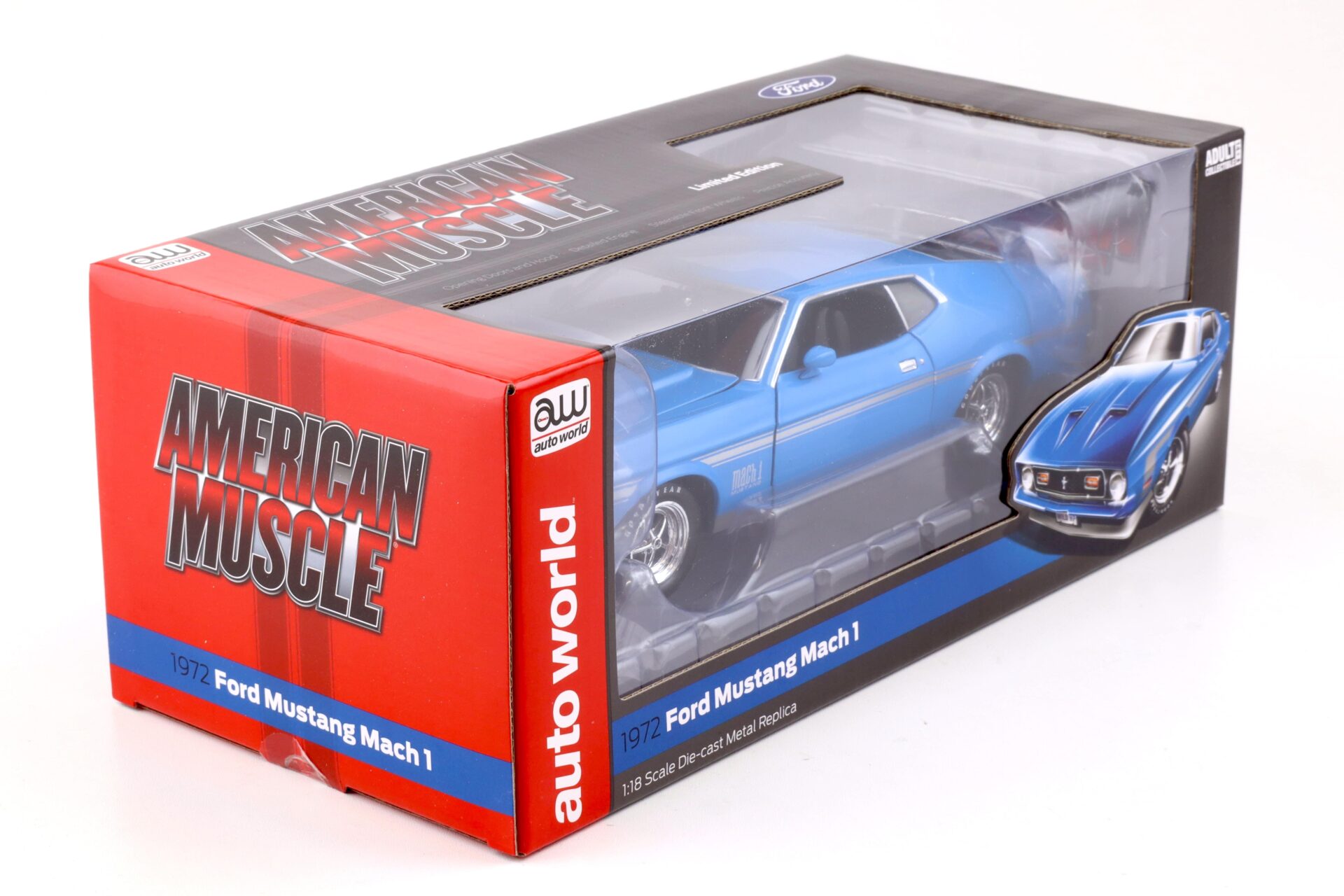1:18 Auto World 1972 Ford Mustang Mach 1 Coupe Grabber blue